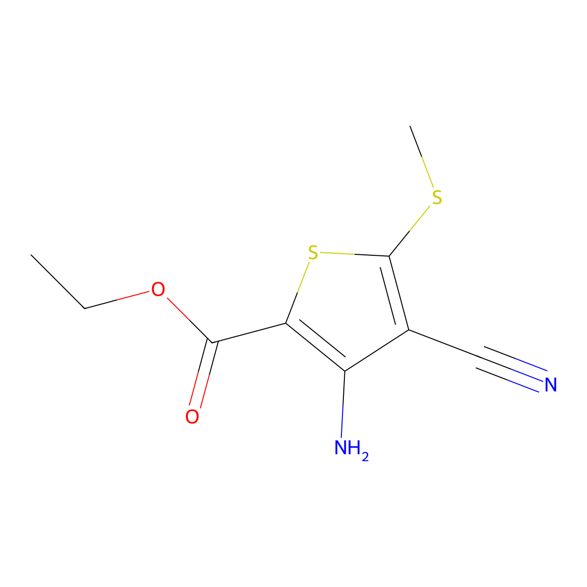 3-Amino-4-cyano-5-methylsulfanylthiophene-2-carboxylic acid ethyl ester molecular structure, CAS 116170-90-2