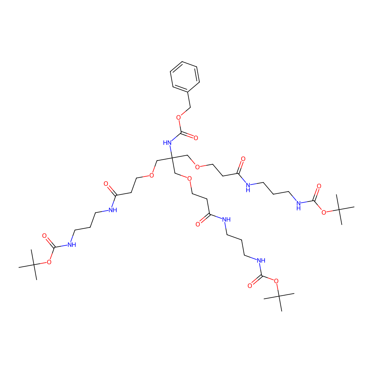Benzyl di-tert-butyl (10-(13,13-dimethyl-5,11-dioxo-2,12-dioxa-6,10-diazatetradecyl)-5,15-dioxo-8,12-dioxa-4,16-diazanonadecane-1,10,19-triyl)tricarbamate molecular structure, CAS 1162069-31-9