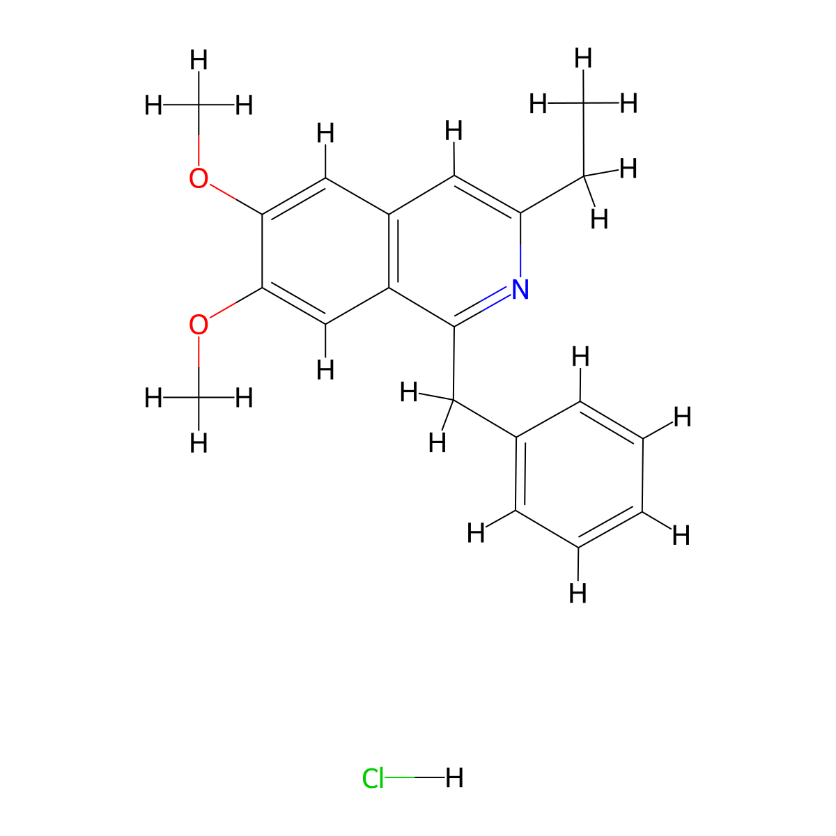 Isoquinoline, 3-ethyl-6,7-dimethoxy-1-(phenylmethyl)-, hydrochloride (1:1) molecular structure, CAS 1163-37-7