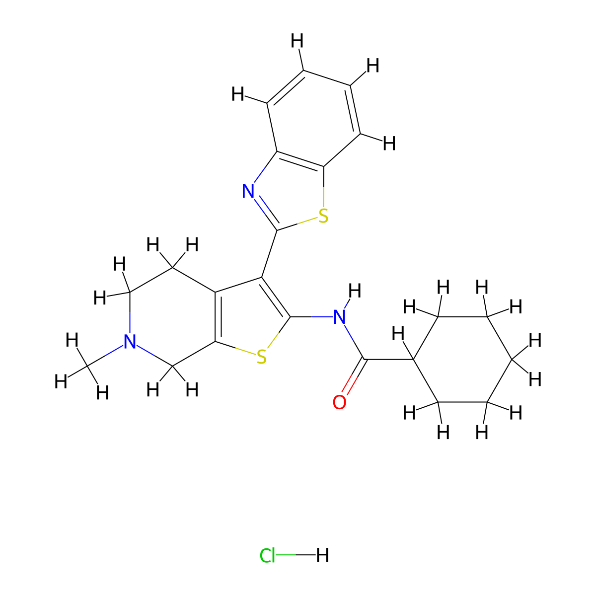 N-(3-(benzo[d]thiazol-2-yl)-6-methyl-4,5,6,7-tetrahydrothieno[2,3-c]pyridin-2-yl)cyclohexanecarboxamide hydrochloride molecular structure, CAS 1163144-10-2