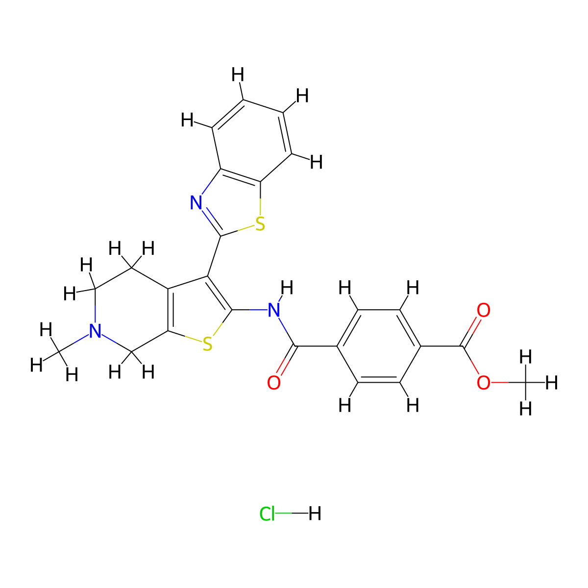 Methyl 4-((3-(benzo[d]thiazol-2-yl)-6-methyl-4,5,6,7-tetrahydrothieno[2,3-c]pyridin-2-yl)carbamoyl)benzoate hydrochloride molecular structure, CAS 1163144-24-8