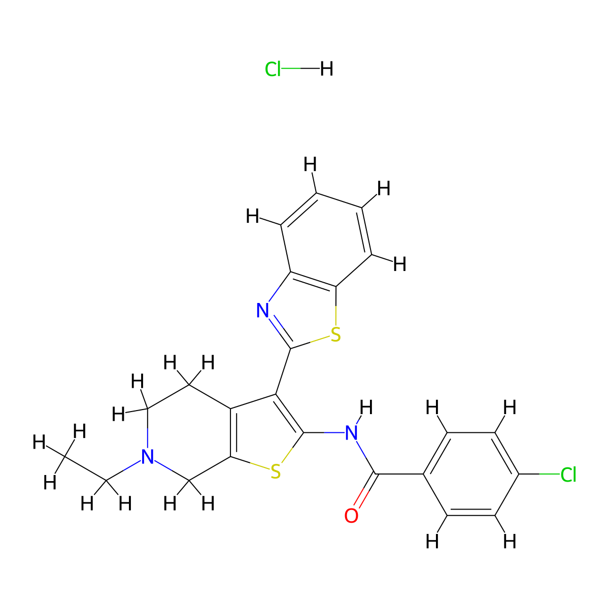 N-(3-(benzo[d]thiazol-2-yl)-6-ethyl-4,5,6,7-tetrahydrothieno[2,3-c]pyridin-2-yl)-4-chlorobenzamide hydrochloride molecular structure, CAS 1163144-31-7