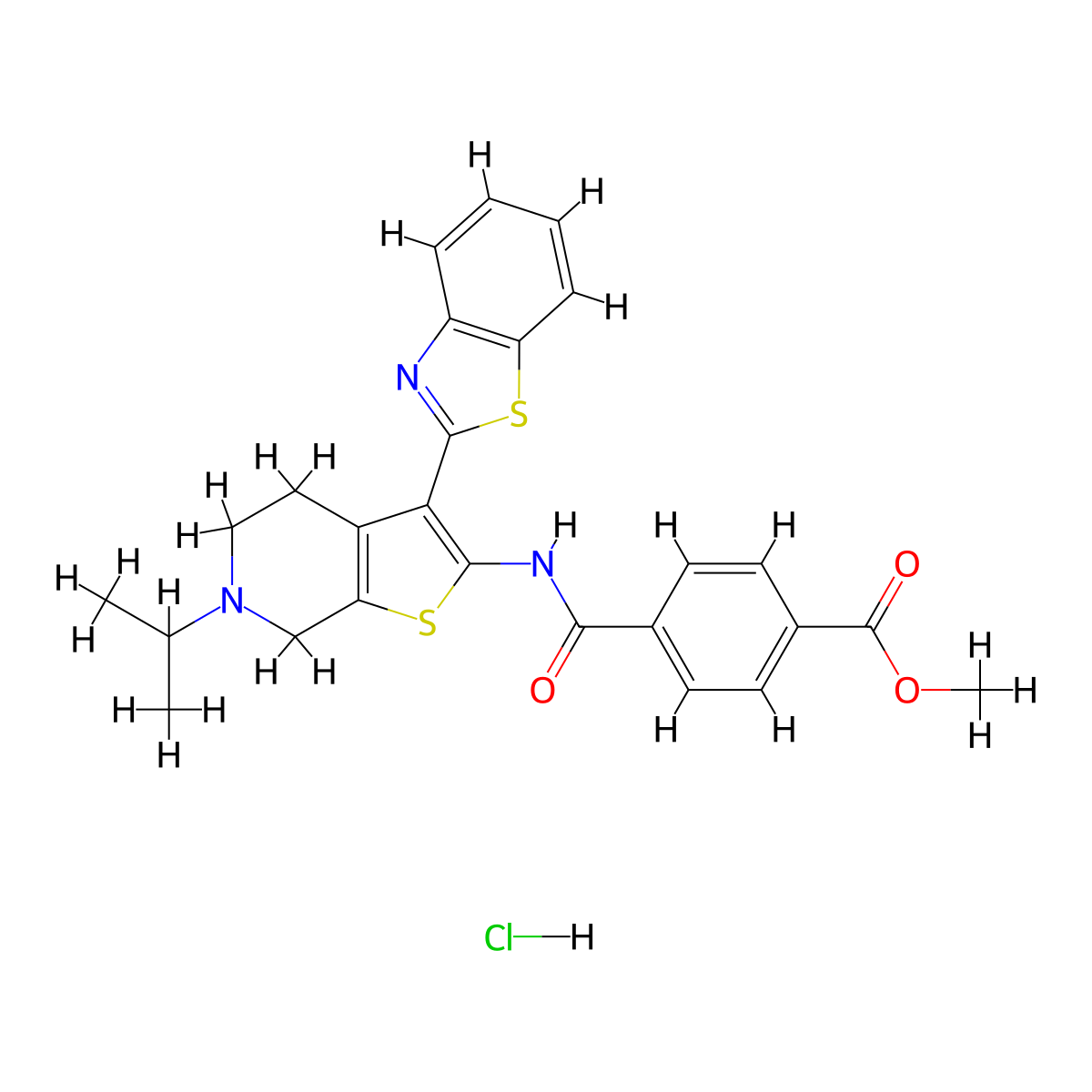 Methyl 4-((3-(benzo[d]thiazol-2-yl)-6-isopropyl-4,5,6,7-tetrahydrothieno[2,3-c]pyridin-2-yl)carbamoyl)benzoate hydrochloride molecular structure, CAS 1163149-46-9