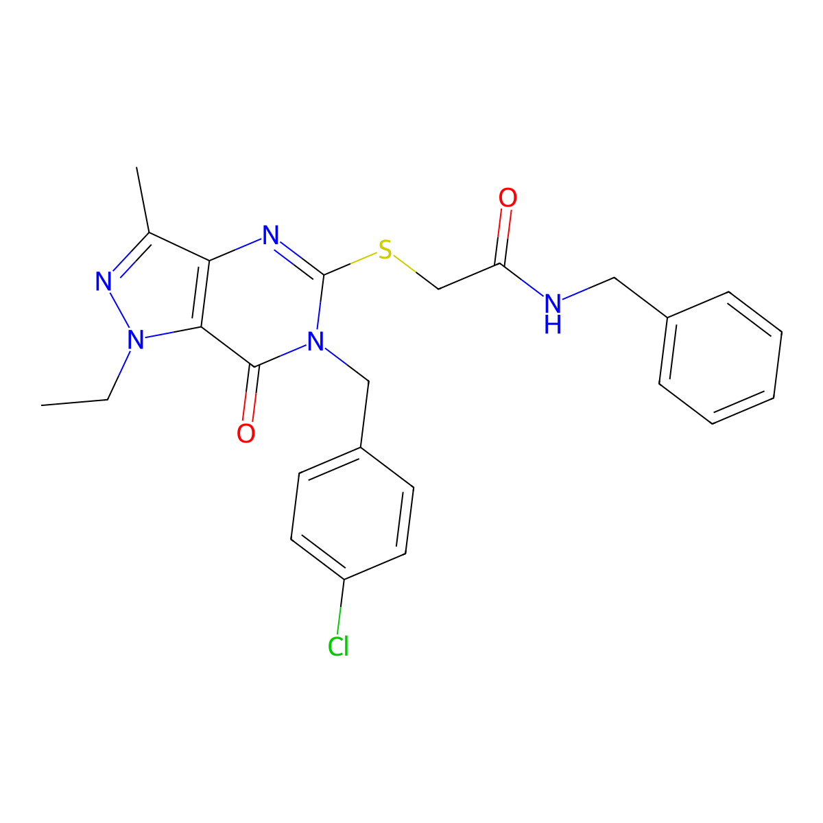 N-benzyl-2-((6-(4-chlorobenzyl)-1-ethyl-3-methyl-7-oxo-6,7-dihydro-1H-pyrazolo[4,3-d]pyrimidin-5-yl)thio)acetamide molecular structure, CAS 1163295-08-6