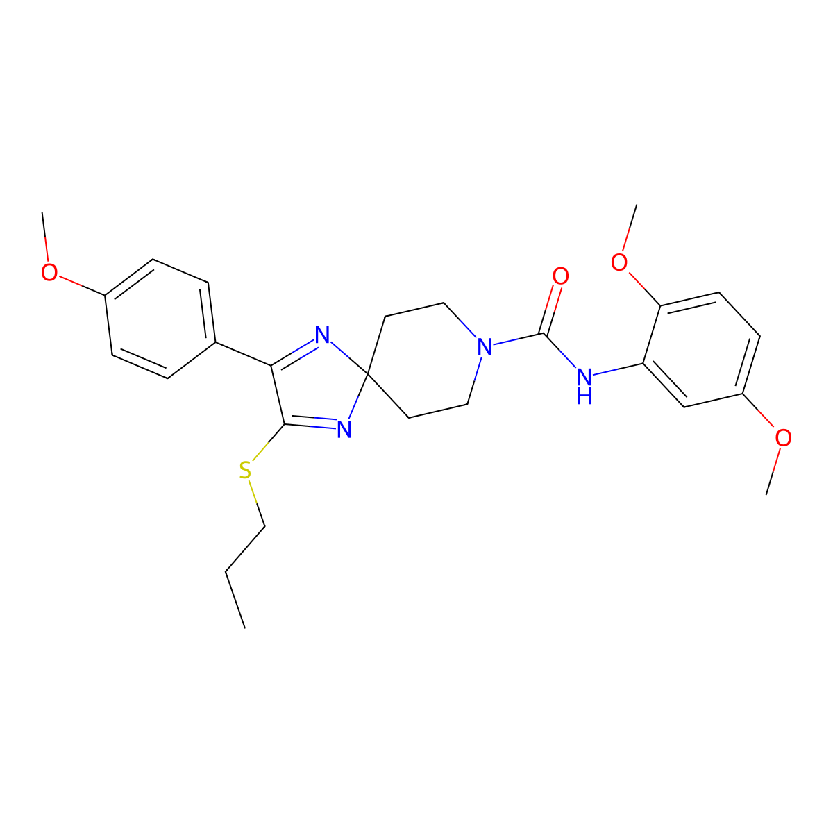 N-(2,5-dimethoxyphenyl)-2-(4-methoxyphenyl)-3-(propylthio)-1,4,8-triazaspiro[4.5]deca-1,3-diene-8-carboxamide molecular structure, CAS 1163295-10-0