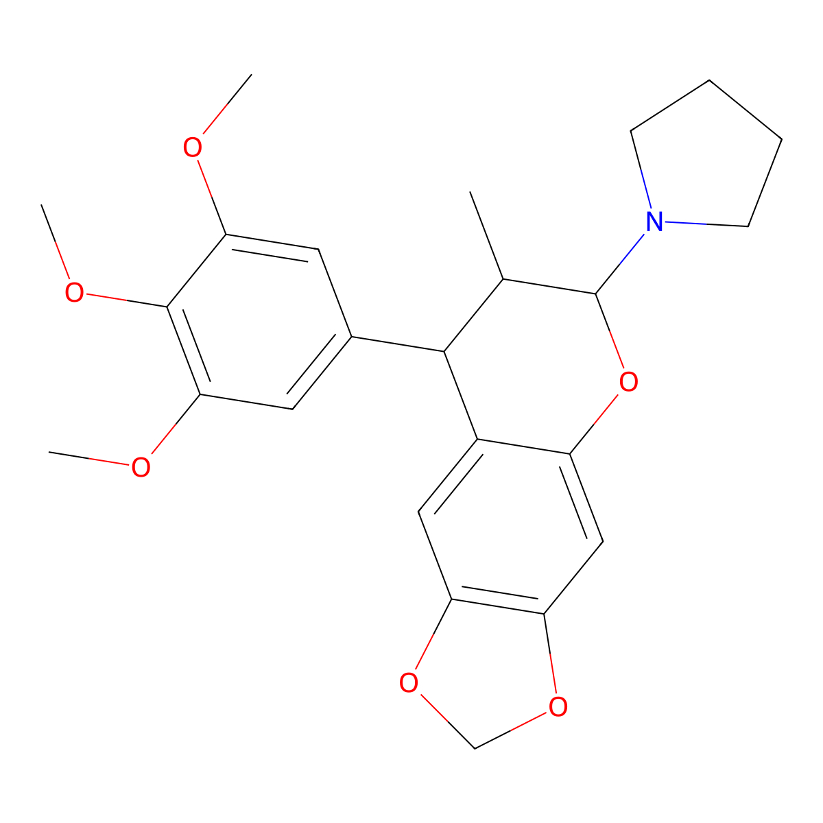 1-(7,8-Dihydro-7-methyl-8-(3,4,5-trimethoxyphenyl)-6H-1,3-dioxolo(4,5-g)(1)benzopyran-6-yl)pyrrolidine molecular structure, CAS 116409-04-2