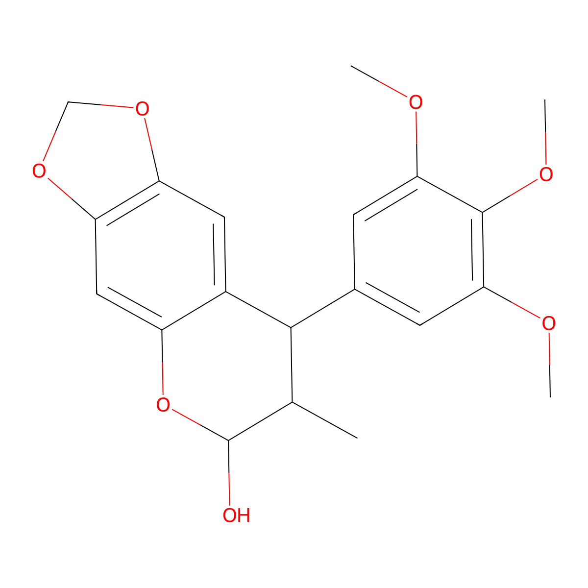 7,8-Dihydro-7-methyl-8-(3,4,5-trimethoxyphenyl)-6H-1,3-dioxolo(4,5-g)(1)benzopyran-6-ol molecular structure, CAS 116409-05-3
