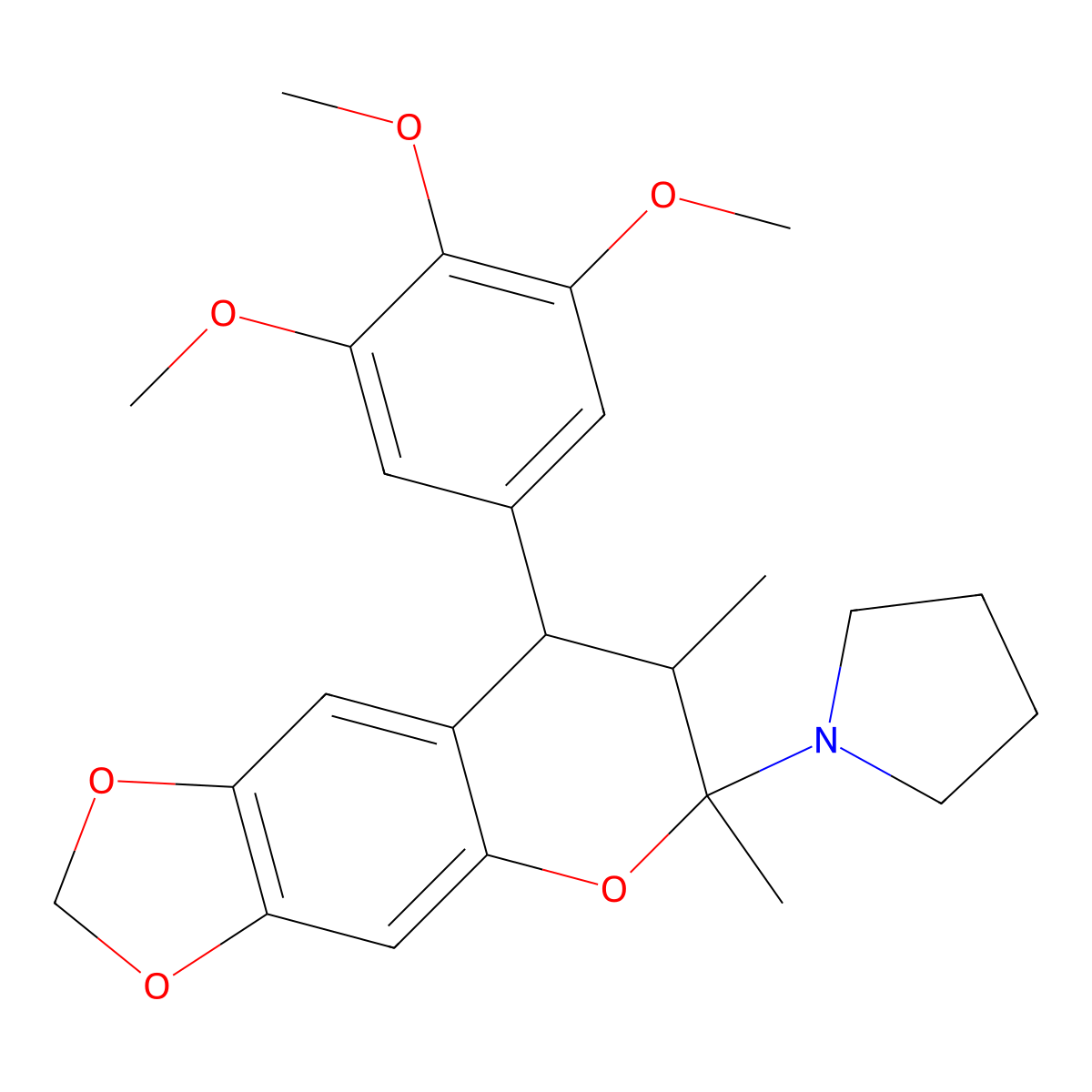 1-(7,8-Dihydro-6,7-dimethyl-8-(3,4,5-trimethoxyphenyl)-6H-1,3-dioxolo(4,5-g)(1)benzopyran-6-yl)pyrrolidine molecular structure, CAS 116409-20-2