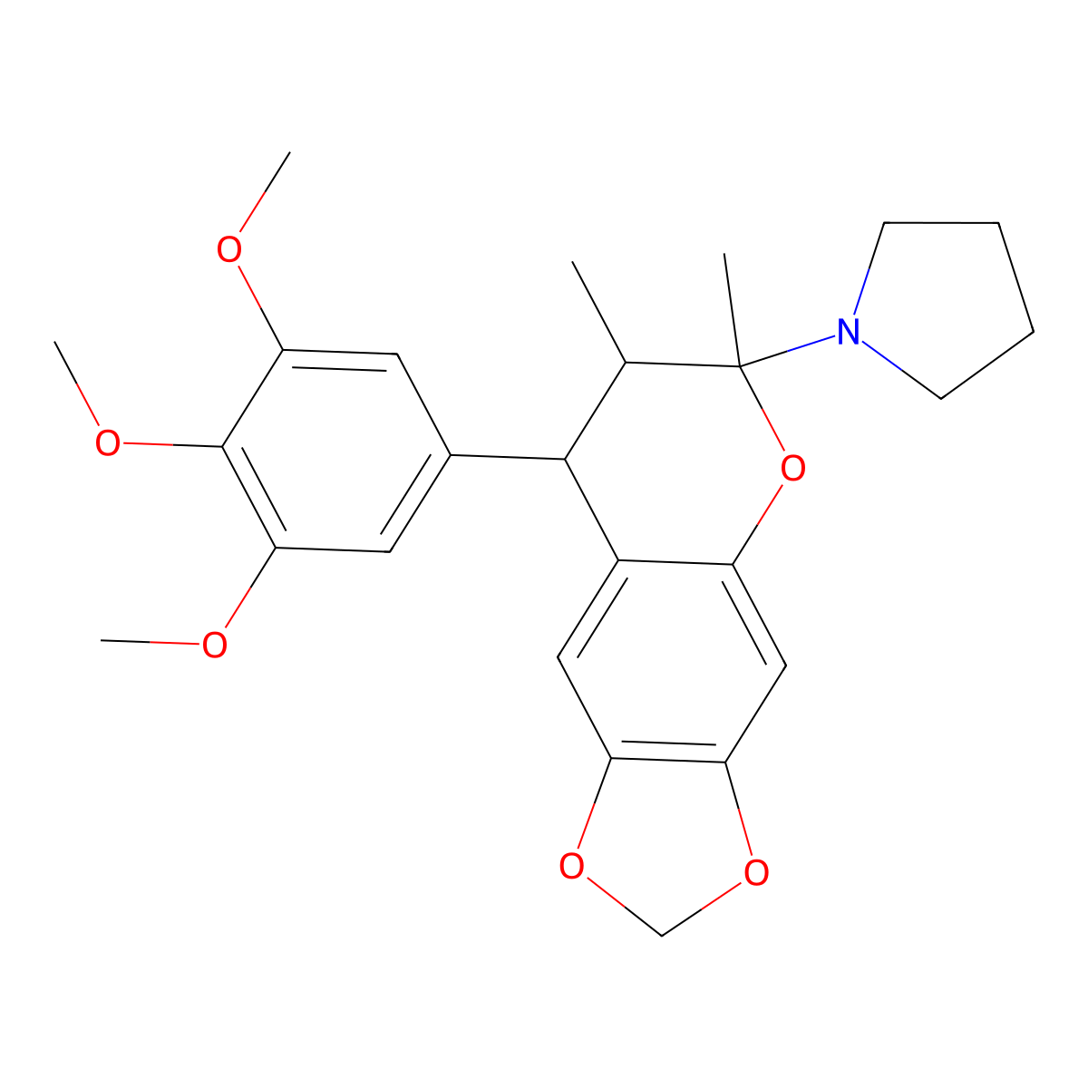 1-(7,8-Dihydro-6,7-dimethyl-8-(3,4,5-trimethoxyphenyl)-6H-1,3-dioxolo(4,5-g)(1)benzopyran-6-yl)pyrrolidine molecular structure, CAS 116409-20-2