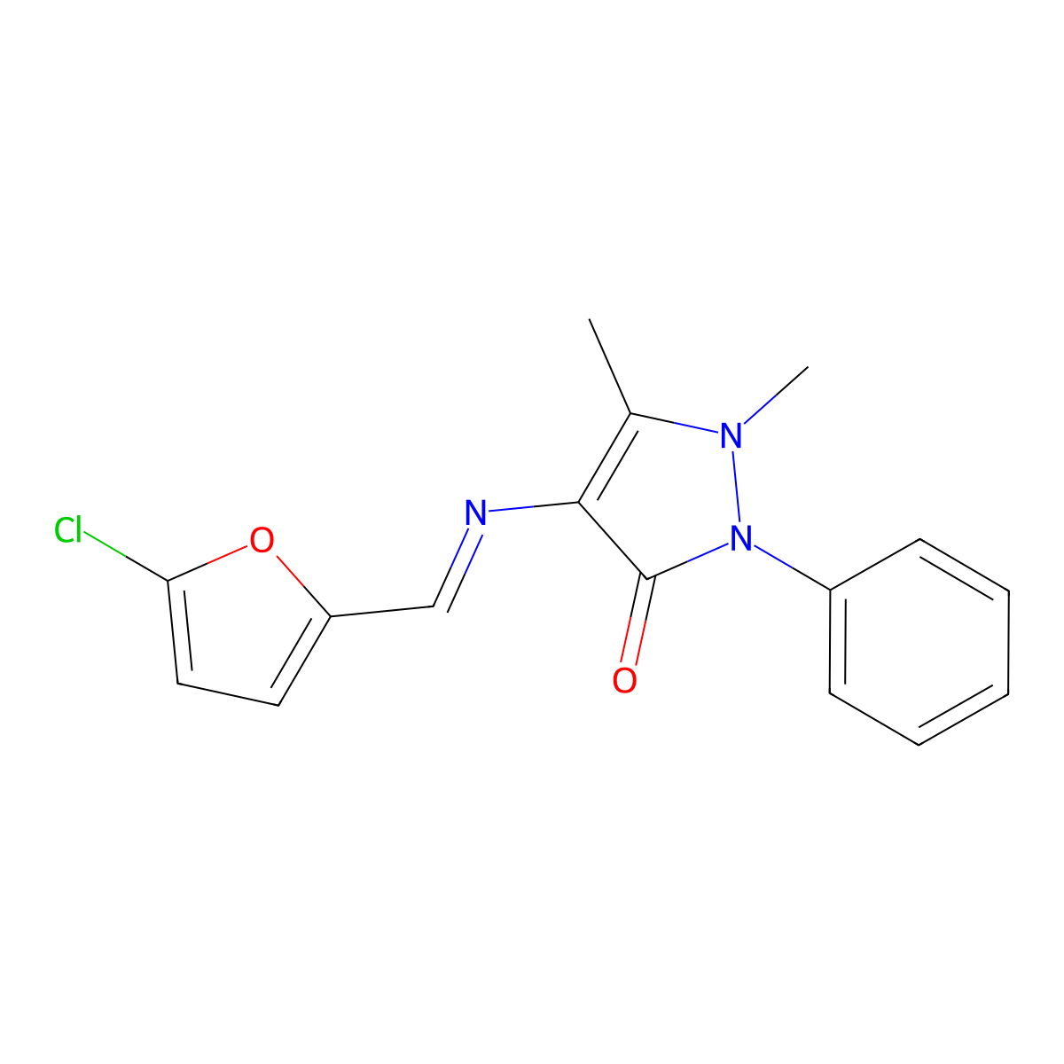 4-{[(1E)-(5-chloro-2-furyl)methylene]amino}-1,5-dimethyl-2-phenyl-1,2-dihydro-3H-pyrazol-3-one molecular structure, CAS 1164454-41-4