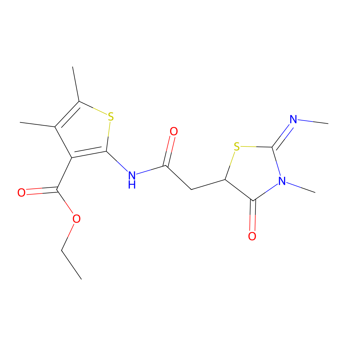 Ethyl 4,5-dimethyl-2-[[2-(3-methyl-2-methylimino-4-oxo-1,3-thiazolidin-5-yl)acetyl]amino]thiophene-3-carboxylate molecular structure, CAS 1164457-52-6