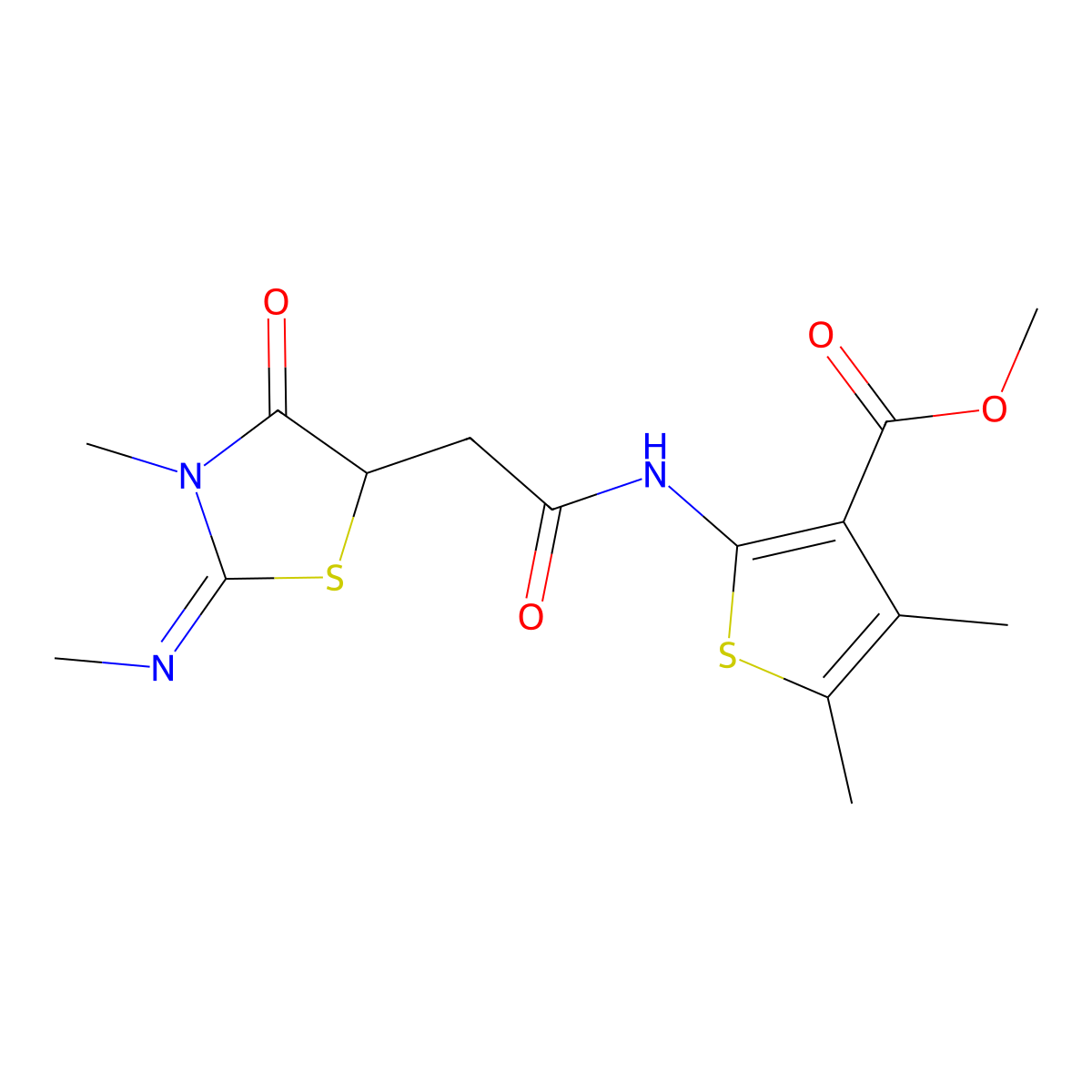 (E)-methyl 4,5-dimethyl-2-(2-(3-methyl-2-(methylimino)-4-oxothiazolidin-5-yl)acetamido)thiophene-3-carboxylate molecular structure, CAS 1164457-76-4