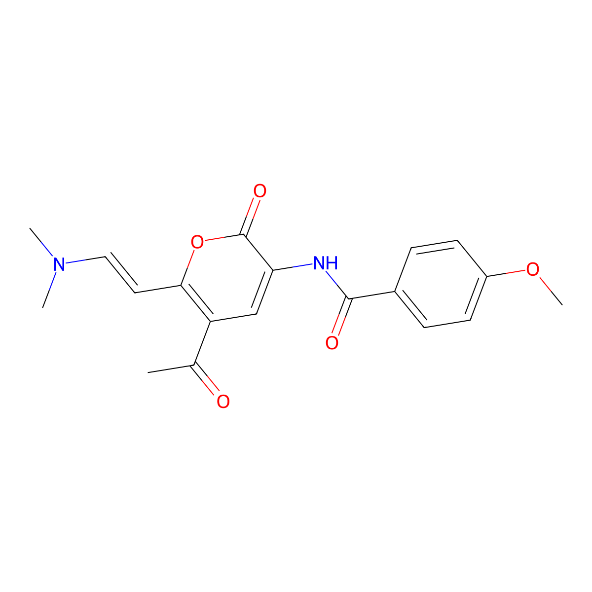 N-{5-acetyl-6-[2-(dimethylamino)vinyl]-2-oxo-2H-pyran-3-yl}-4-methoxybenzenecarboxamide molecular structure, CAS 1164460-38-1