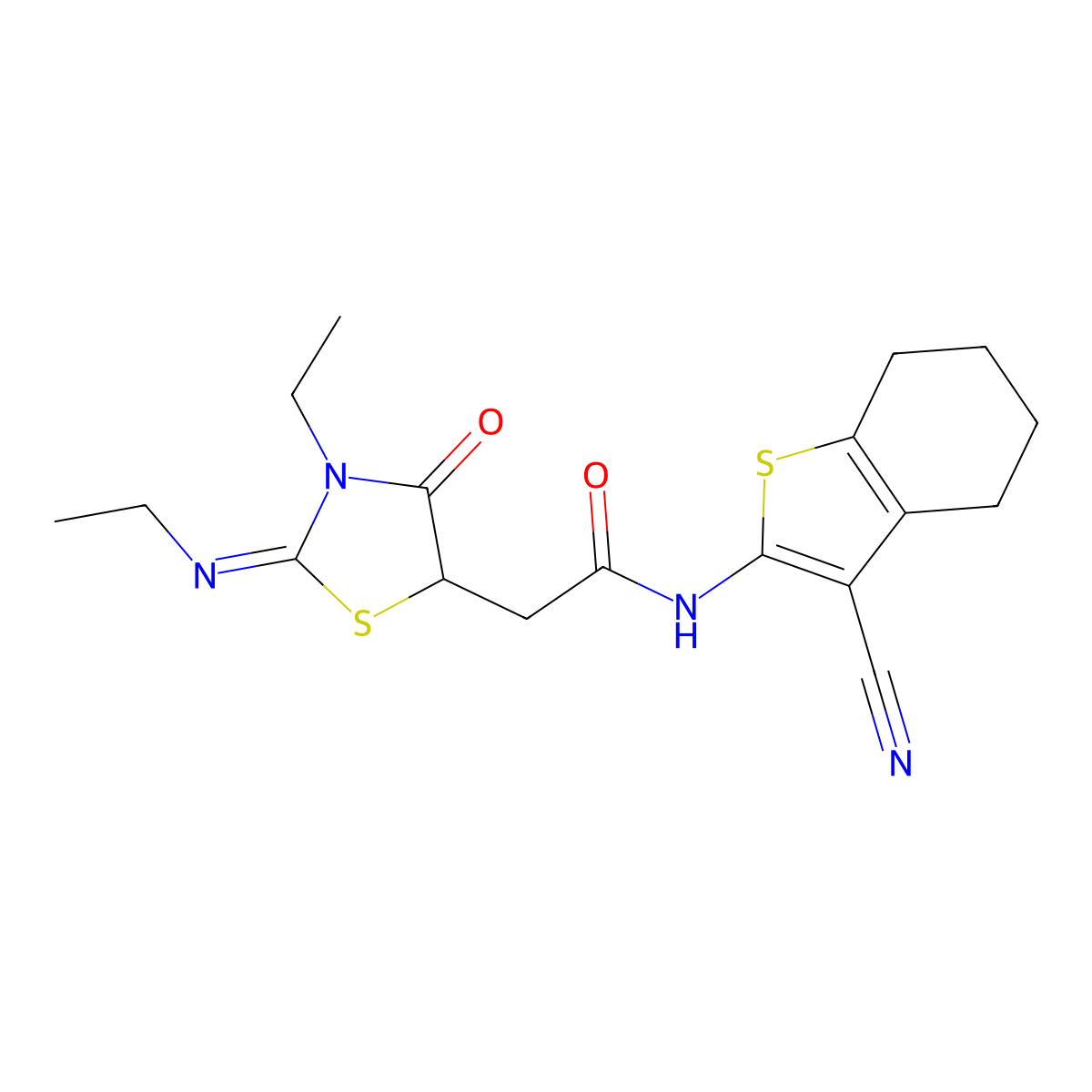 N-(3-Cyano-4,5,6,7-tetrahydro-benzo[b]thiophen-2-yl)-2-{3-ethyl-2-[(Z)-ethylimino]-4-oxo-thiazolidin-5-yl}-acetamide molecular structure, CAS 1164465-01-3