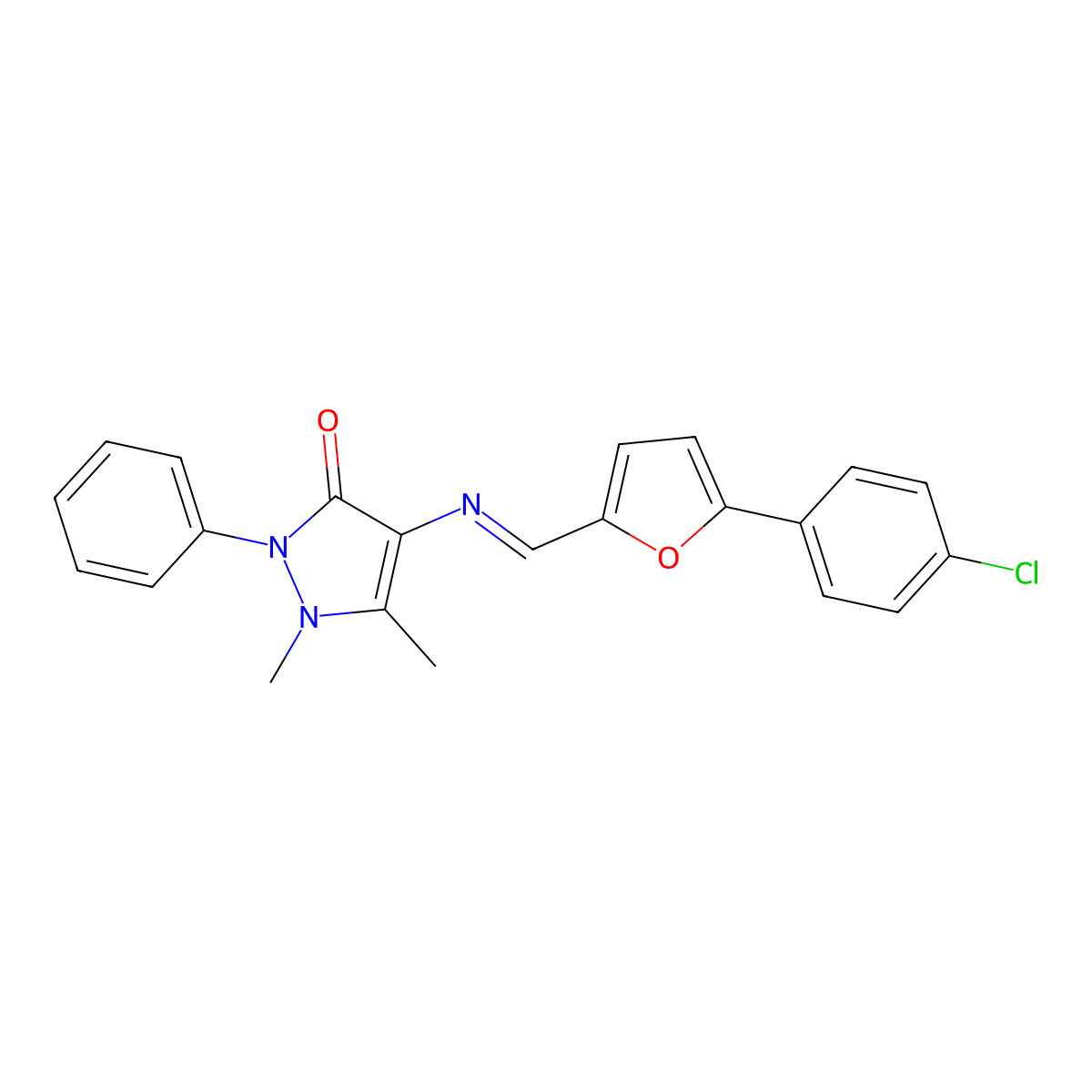 4-({(1E)-[5-(4-chlorophenyl)-2-furyl]methylene}amino)-1,5-dimethyl-2-phenyl-1,2-dihydro-3H-pyrazol-3-one molecular structure, CAS 1164467-25-7