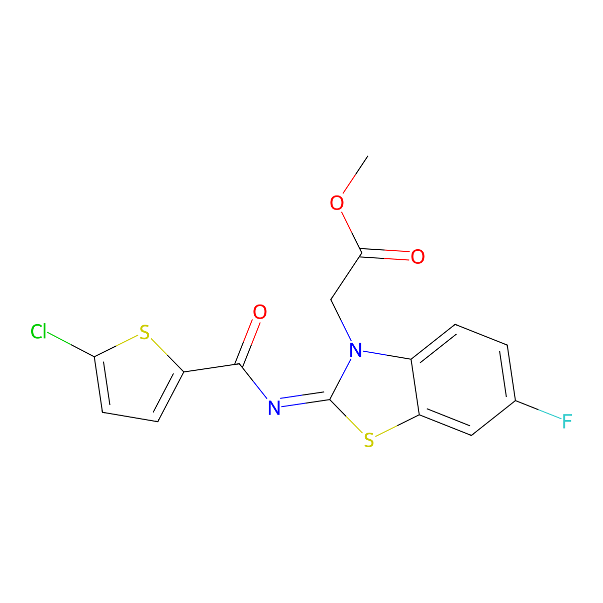 2-[2-[(5-Chloro-2-thiophenyl)-oxomethyl]imino-6-fluoro-1,3-benzothiazol-3-yl]acetic acid methyl ester molecular structure, CAS 1164467-63-3