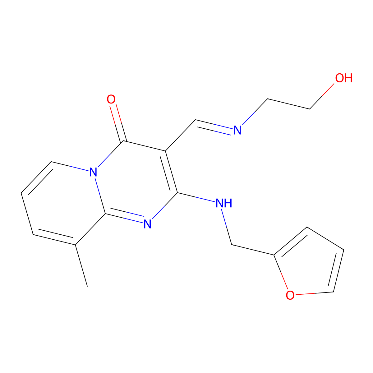 (E)-2-((furan-2-ylmethyl)amino)-3-(((2-hydroxyethyl)imino)methyl)-9-methyl-4H-pyrido[1,2-a]pyrimidin-4-one molecular structure, CAS 1164468-28-3