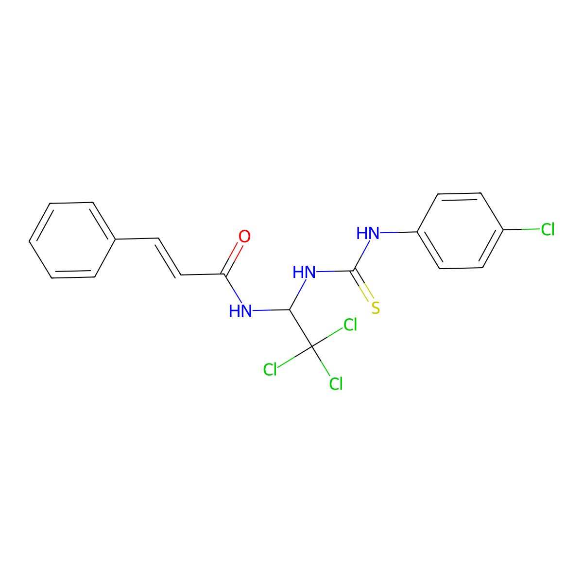 (2E)-3-phenyl-N-(2,2,2-trichloro-1-(((4-chlorophenyl)carbamothioyl)amino)ethyl)prop-2-enamide, (2E)-3-phenyl-N-(2,2,2-trichloro-1-(( molecular structure, CAS 1164470-53-4