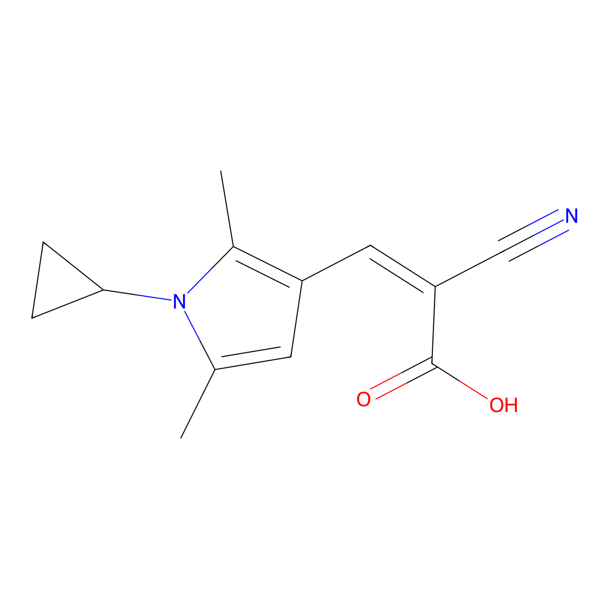 2-Cyano-3-(1-cyclopropyl-2,5-dimethyl-1H-pyrrol-3-yl)acrylic acid molecular structure, CAS 1164471-51-5