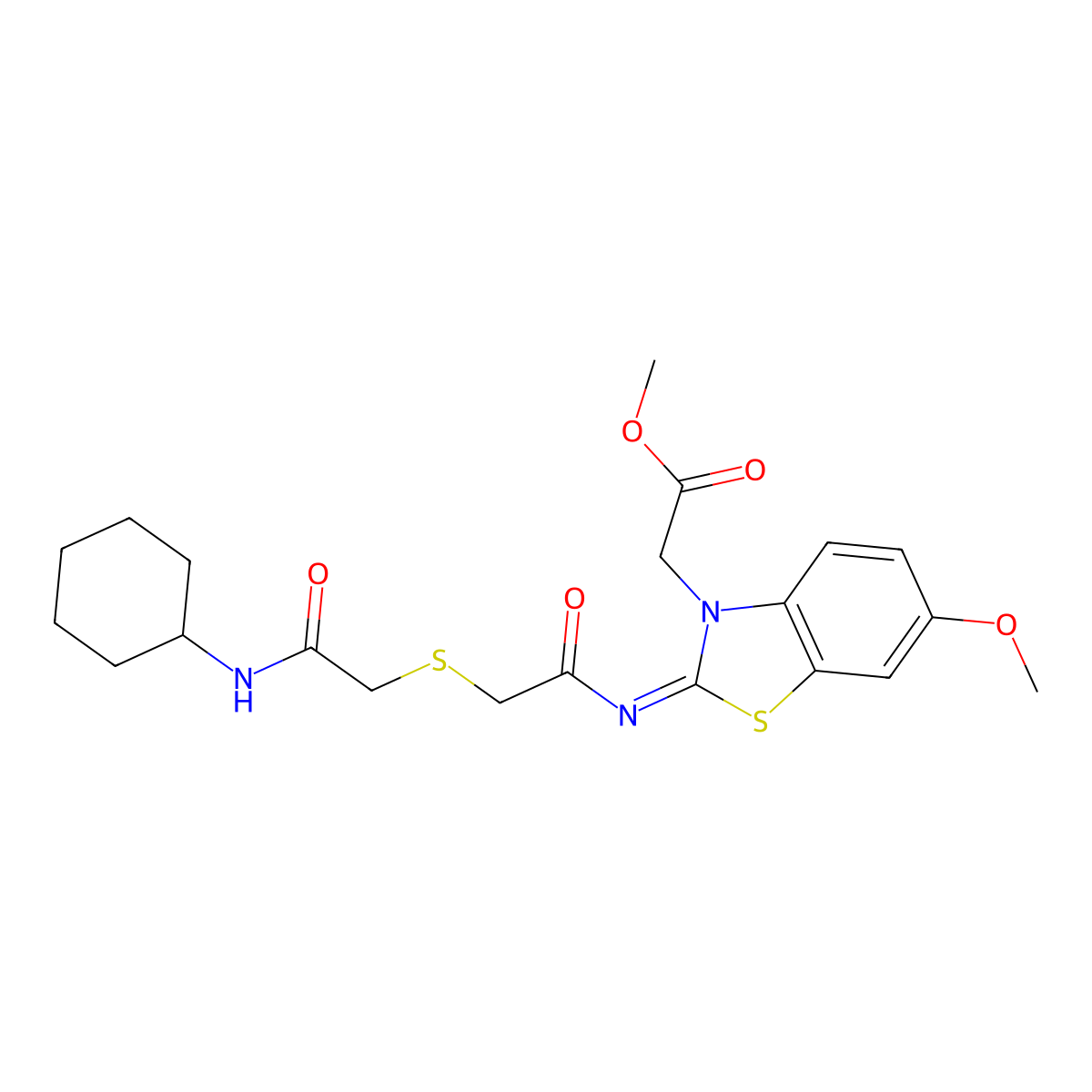 Methyl 2-[2-[2-[2-(cyclohexylamino)-2-oxoethyl]sulfanylacetyl]imino-6-methoxy-1,3-benzothiazol-3-yl]acetate molecular structure, CAS 1164476-99-6