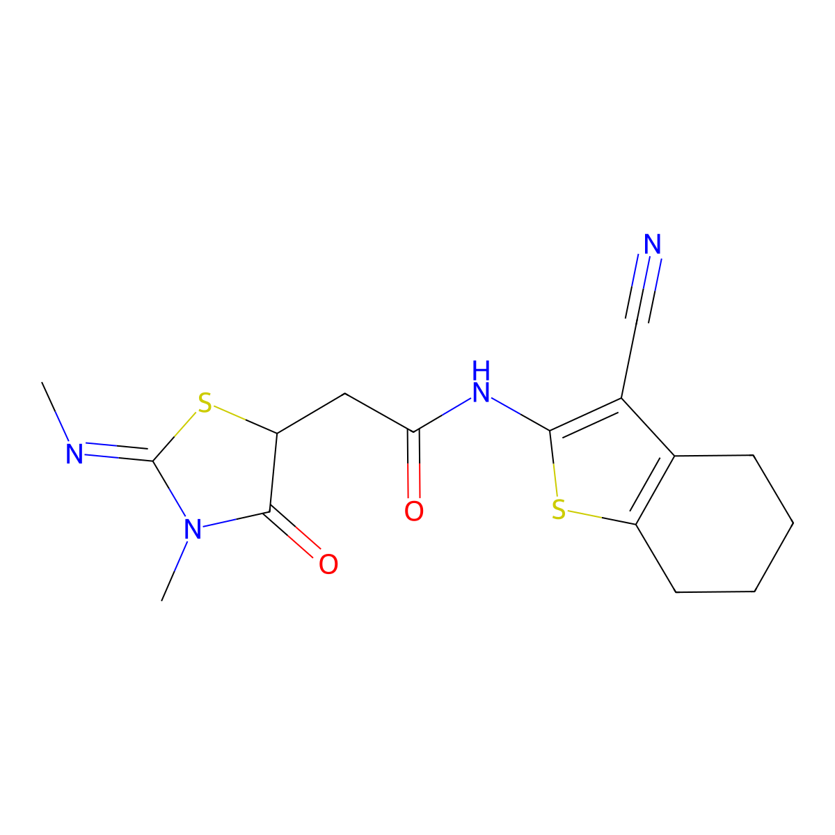 N-(3-Cyano-4,5,6,7-tetrahydro-benzo[b]thiophen-2-yl)-2-{3-methyl-2-[(Z)-methylimino]-4-oxo-thiazolidin-5-yl}-acetamide molecular structure, CAS 1164483-76-4