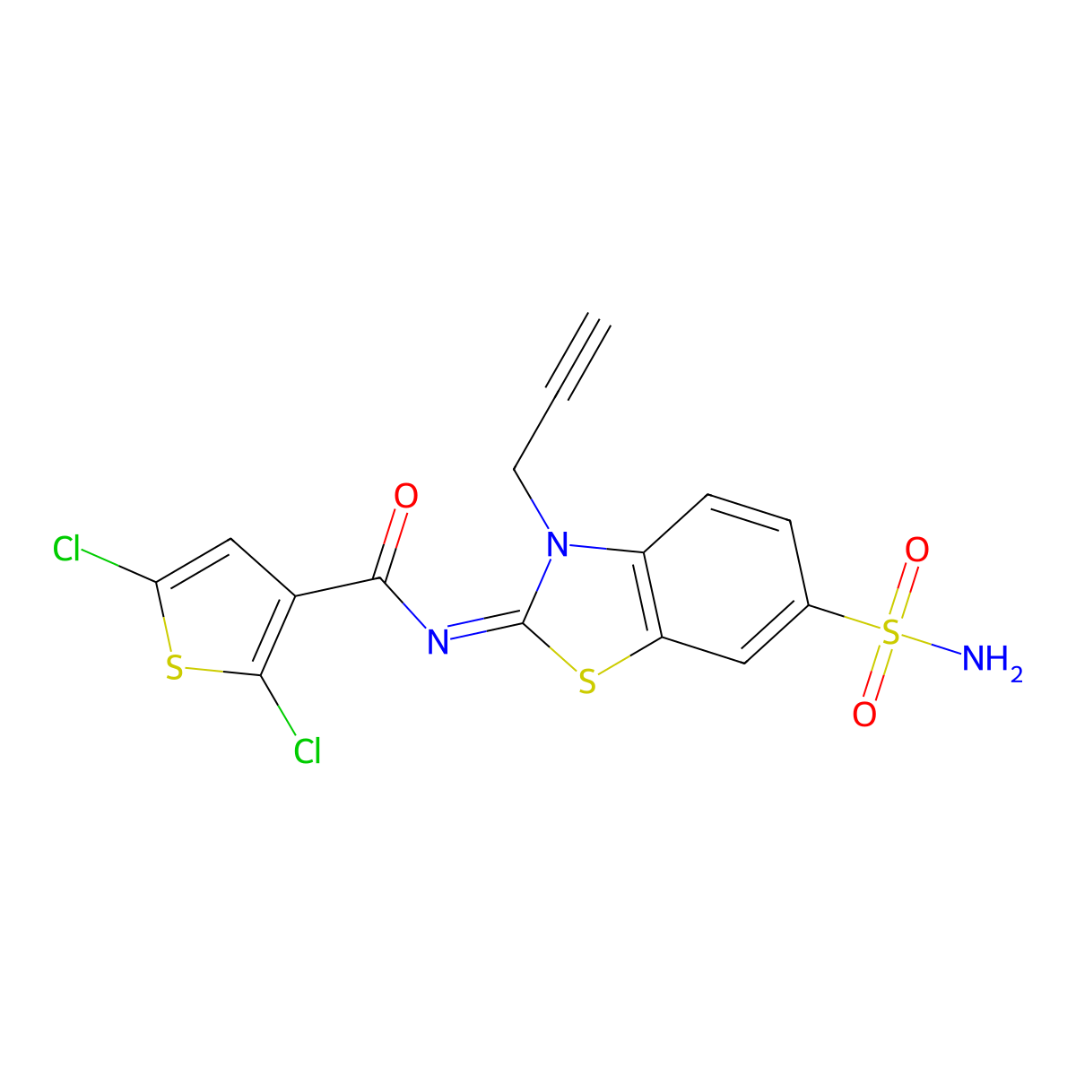 2,5-dichloro-N-(3-prop-2-ynyl-6-sulfamoyl-1,3-benzothiazol-2-ylidene)thiophene-3-carboxamide molecular structure, CAS 1164490-23-6