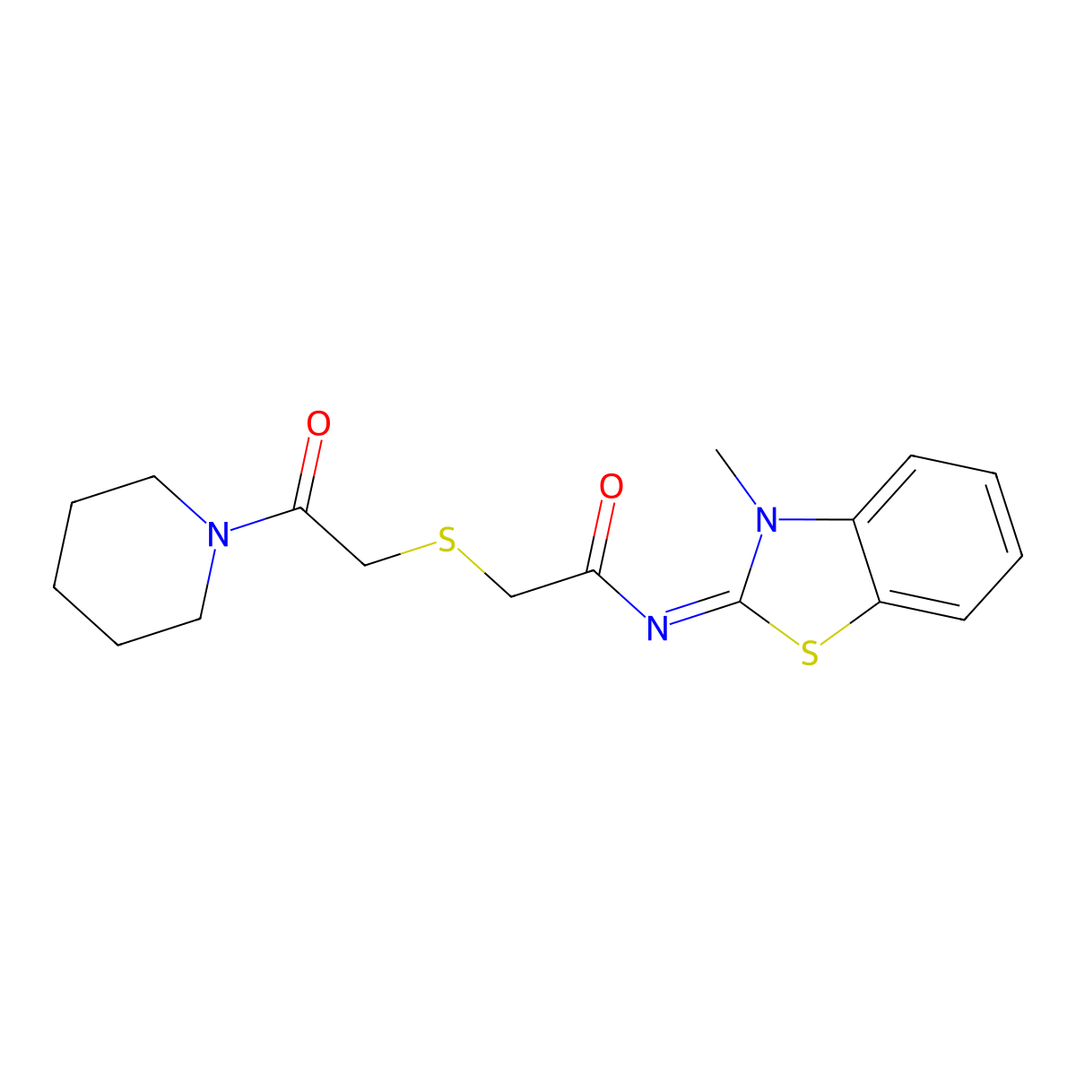 N-(3-methyl-1,3-benzothiazol-2-ylidene)-2-(2-oxo-2-piperidin-1-ylethyl)sulfanylacetamide molecular structure, CAS 1164491-43-3