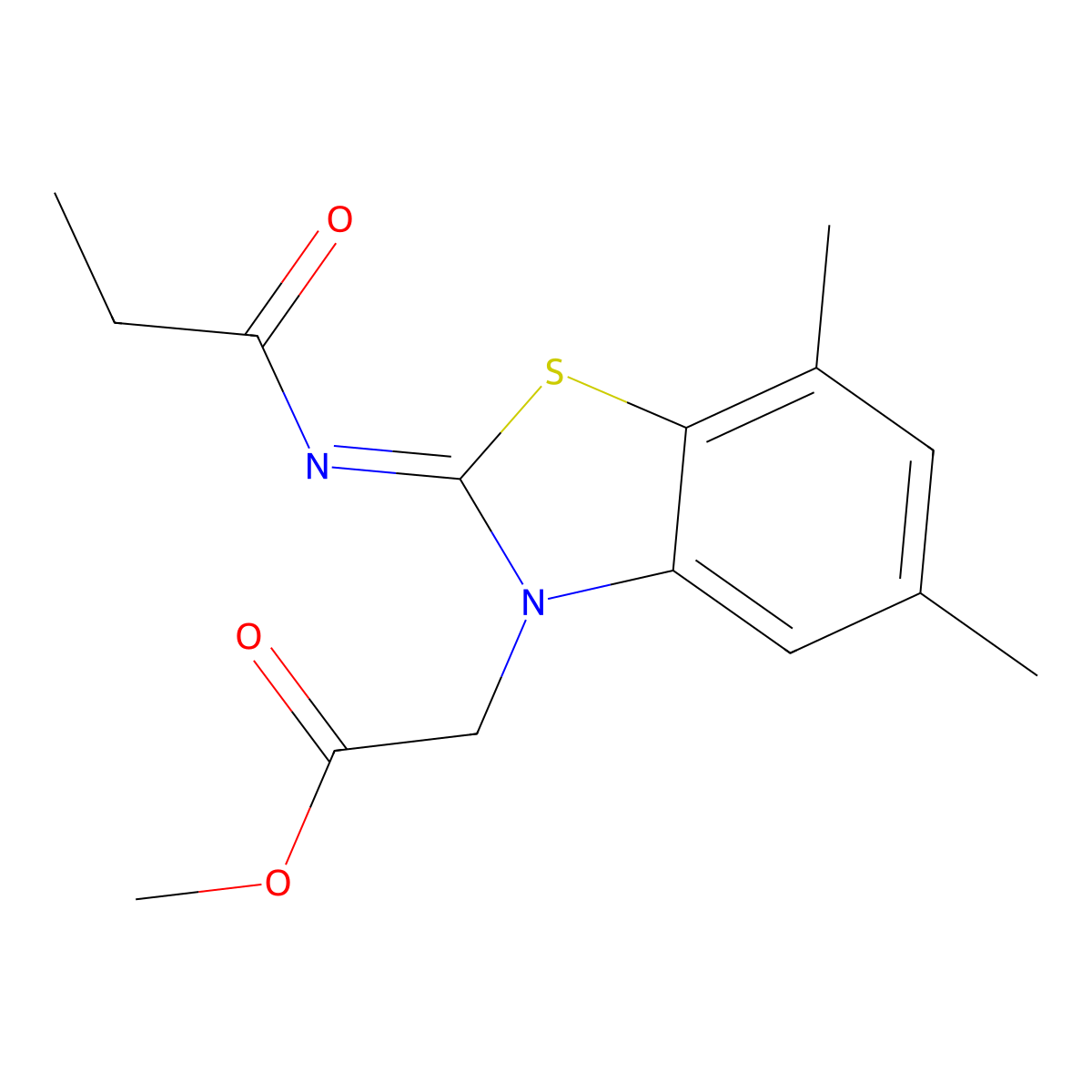 Methyl 2-(5,7-dimethyl-2-propanoylimino-1,3-benzothiazol-3-yl)acetate molecular structure, CAS 1164495-33-3
