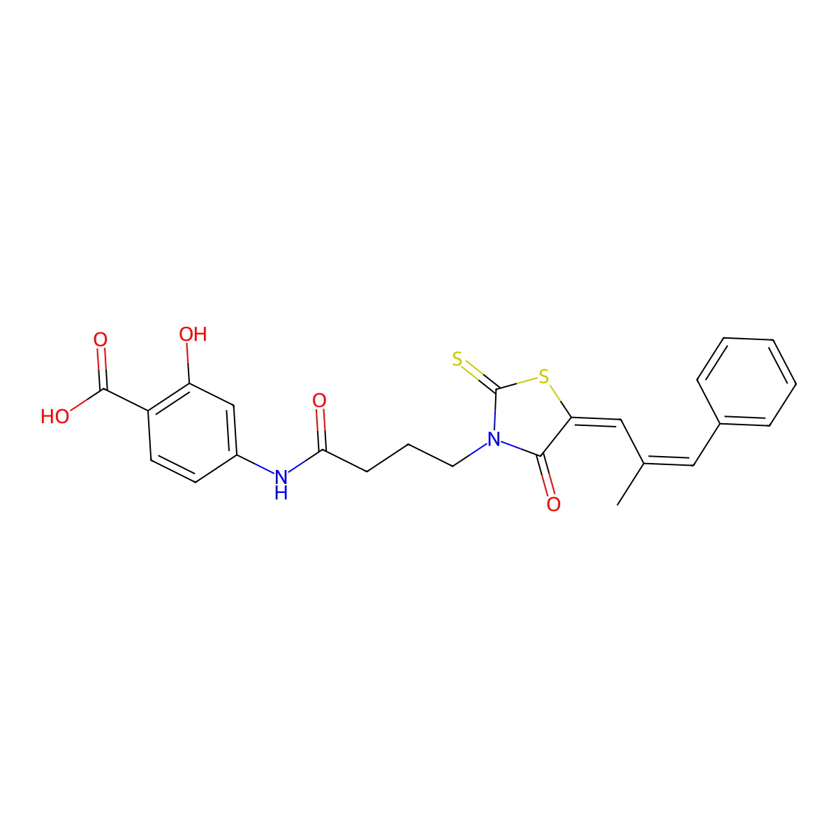 2-hydroxy-4-[4-[(5Z)-5-[(E)-2-methyl-3-phenylprop-2-enylidene]-4-oxo-2-sulfanylidene-1,3-thiazolidin-3-yl]butanoylamino]benzoic acid molecular structure, CAS 1164500-72-4
