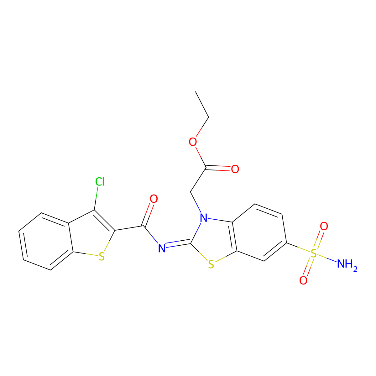 2-[2-[(3-Chloro-1-benzothiophen-2-yl)-oxomethyl]imino-6-sulfamoyl-1,3-benzothiazol-3-yl]acetic acid ethyl ester molecular structure, CAS 1164501-30-7