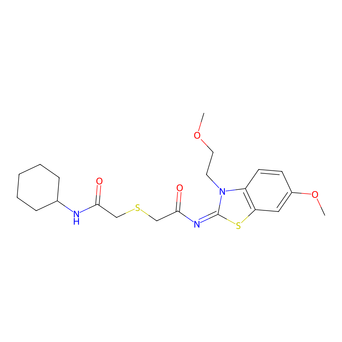 (Z)-N-cyclohexyl-2-((2-((6-methoxy-3-(2-methoxyethyl)benzo[d]thiazol-2(3H)-ylidene)amino)-2-oxoethyl)thio)acetamide molecular structure, CAS 1164501-61-4