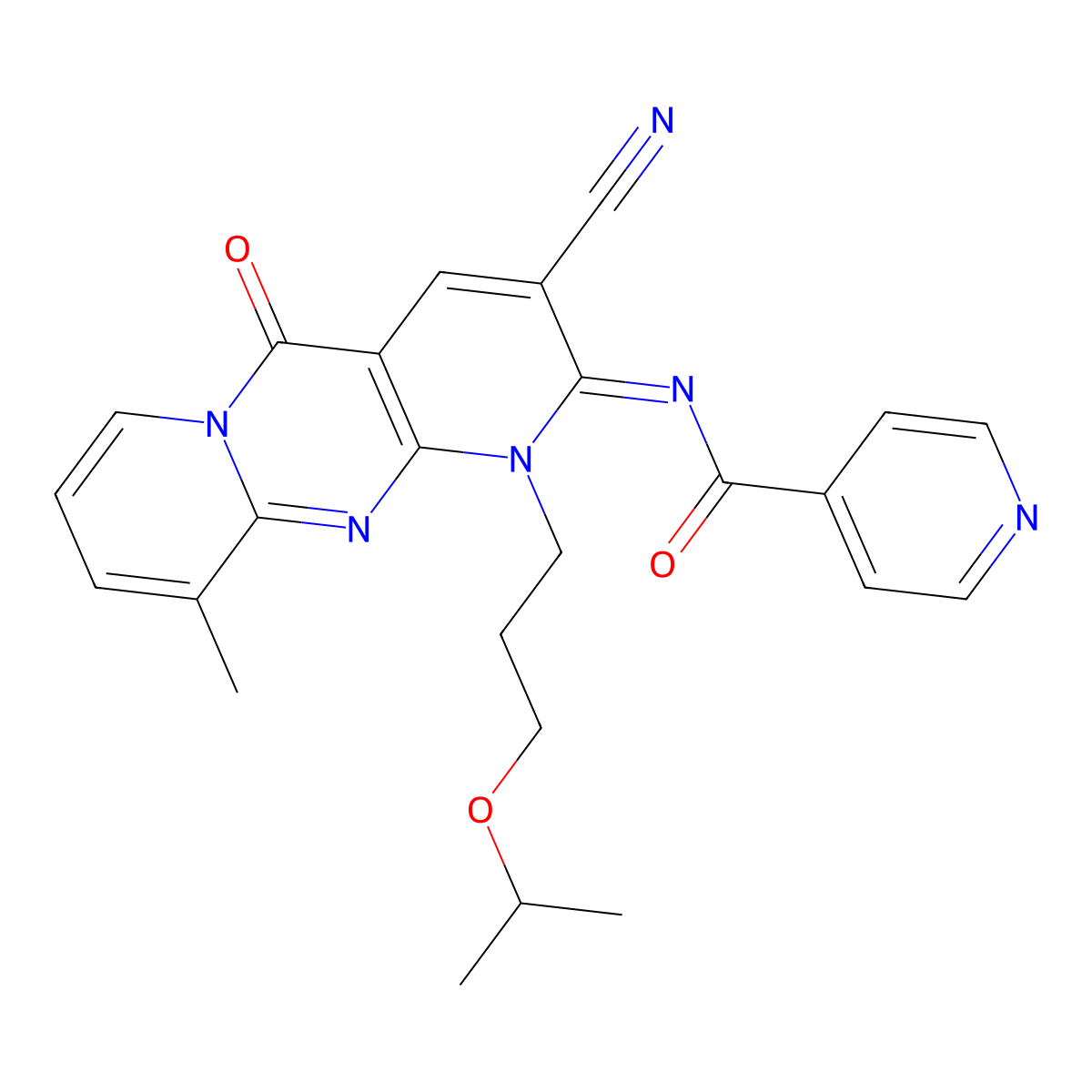 (E)-N-(3-cyano-1-(3-isopropoxypropyl)-10-methyl-5-oxo-1H-dipyrido[1,2-a:2',3'-d]pyrimidin-2(5H)-ylidene)isonicotinamide molecular structure, CAS 1164505-55-8