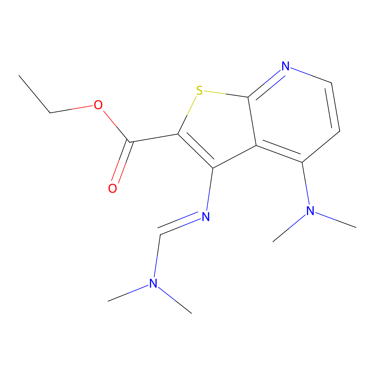 Ethyl 4-(dimethylamino)-3-{[(dimethylamino)methylene]amino}thieno[2,3-b]pyridine-2-carboxylate molecular structure, CAS 1164506-81-3