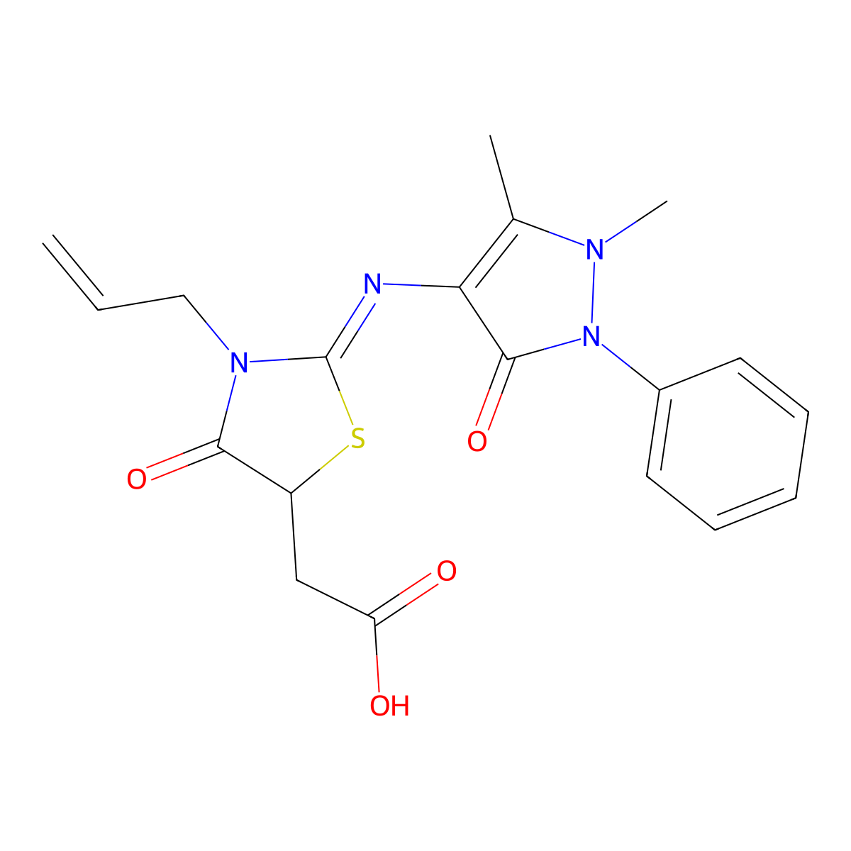 {3-allyl-2-[(1,5-dimethyl-3-oxo-2-phenyl-2,3-dihydro-1H-pyrazol-4-yl)imino]-4-oxo-1,3-thiazolidin-5-yl}acetic acid molecular structure, CAS 1164509-03-8