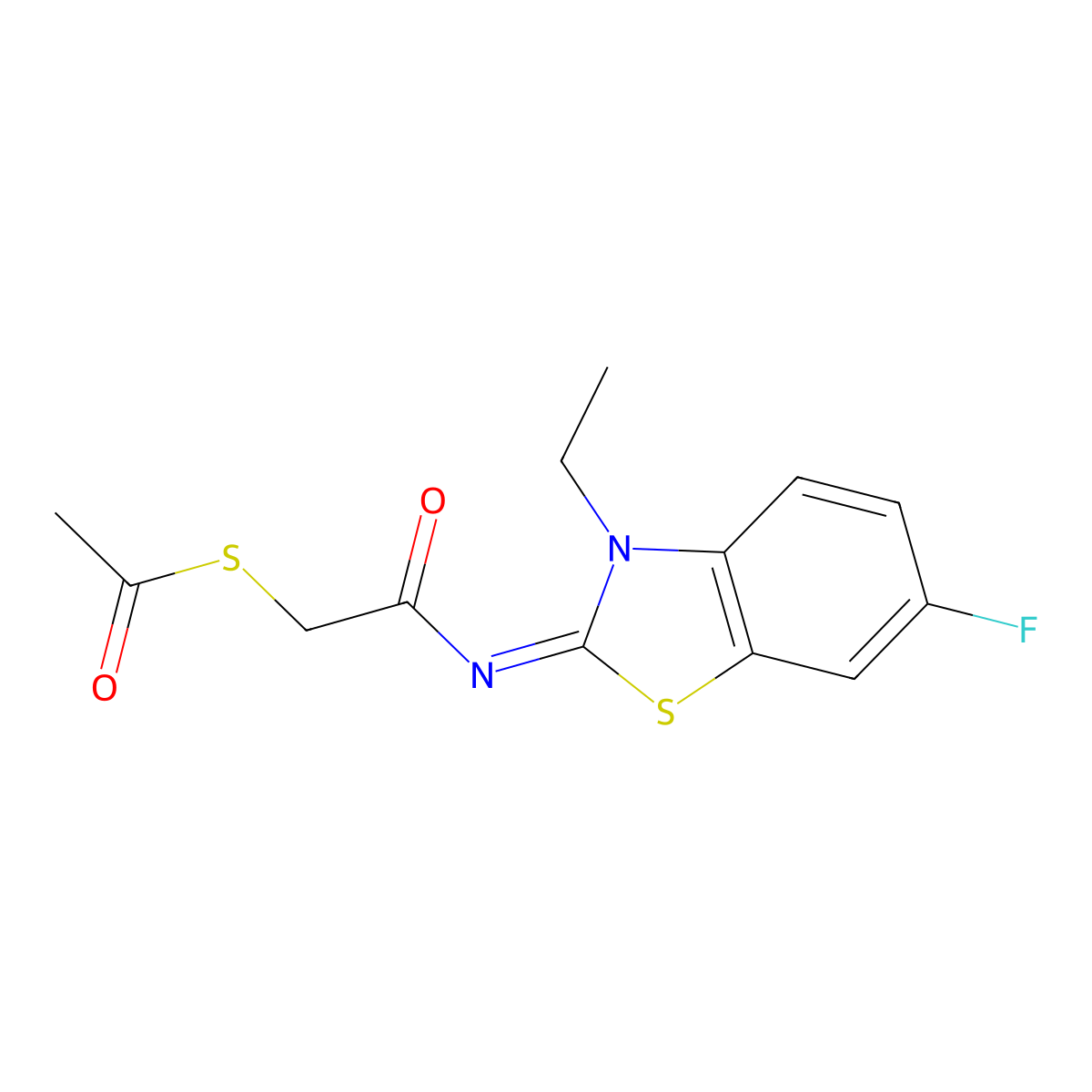 S-[2-[(3-ethyl-6-fluoro-1,3-benzothiazol-2-ylidene)amino]-2-oxoethyl] ethanethioate molecular structure, CAS 1164513-09-0