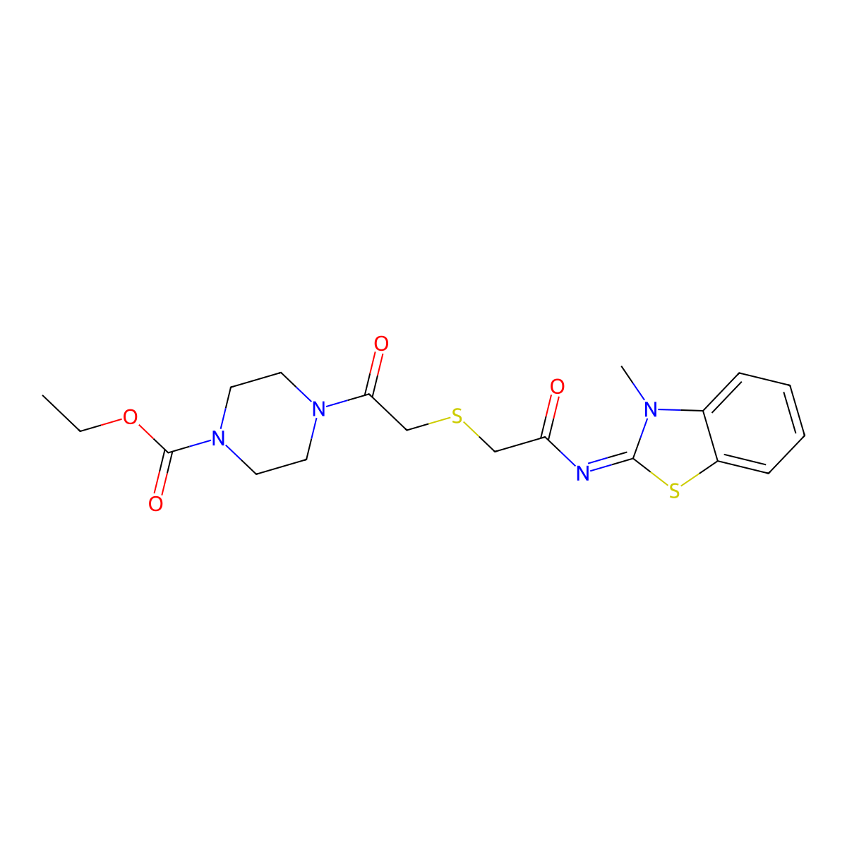 Ethyl 4-[2-[2-[(3-methyl-1,3-benzothiazol-2-ylidene)amino]-2-oxoethyl]sulfanylacetyl]piperazine-1-carboxylate molecular structure, CAS 1164516-42-0