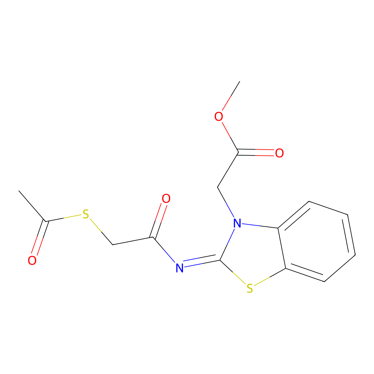 Methyl 2-[2-(2-acetylsulfanylacetyl)imino-1,3-benzothiazol-3-yl]acetate molecular structure, CAS 1164516-63-5