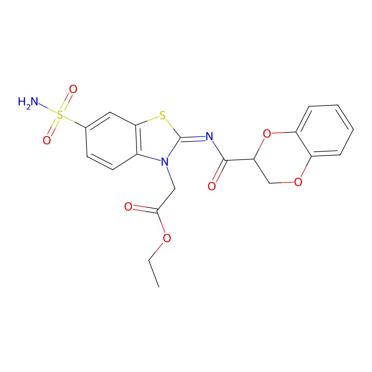 (Z)-ethyl 2-(2-((2,3-dihydrobenzo[b][1,4]dioxine-2-carbonyl)imino)-6-sulfamoylbenzo[d]thiazol-3(2H)-yl)acetate molecular structure, CAS 1164524-49-5