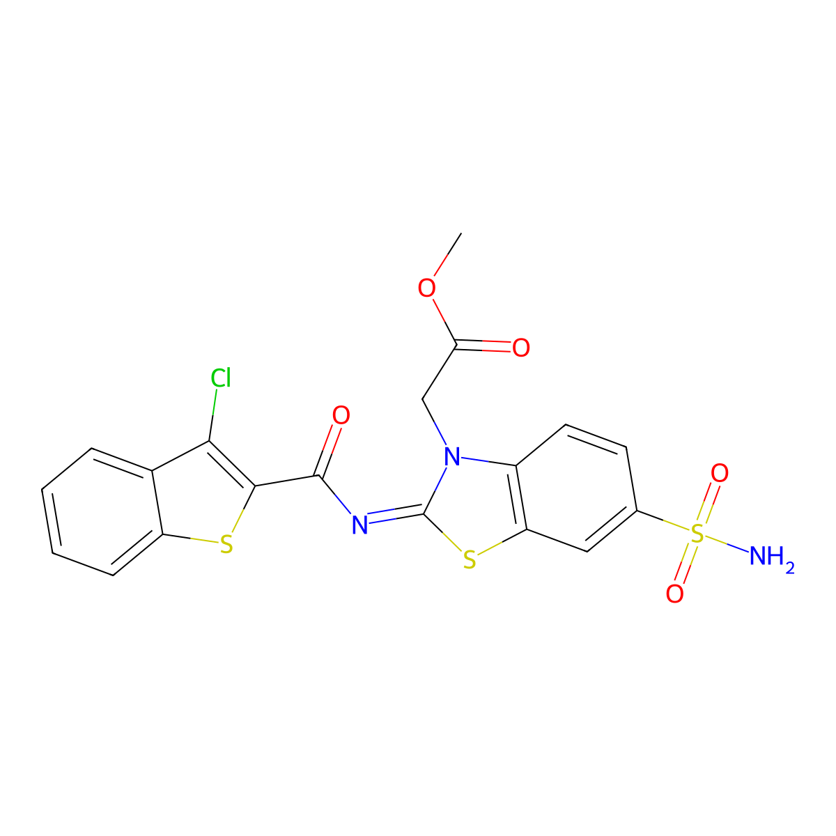 (Z)-methyl 2-(2-((3-chlorobenzo[b]thiophene-2-carbonyl)imino)-6-sulfamoylbenzo[d]thiazol-3(2H)-yl)acetate molecular structure, CAS 1164529-29-6