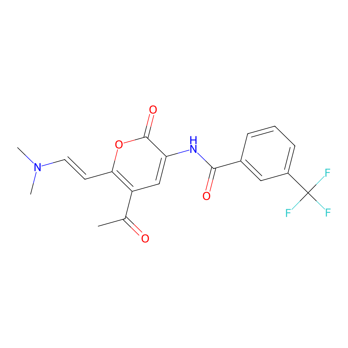 N-{5-acetyl-6-[2-(dimethylamino)vinyl]-2-oxo-2H-pyran-3-yl}-3-(trifluoromethyl)benzenecarboxamide molecular structure, CAS 1164529-66-1