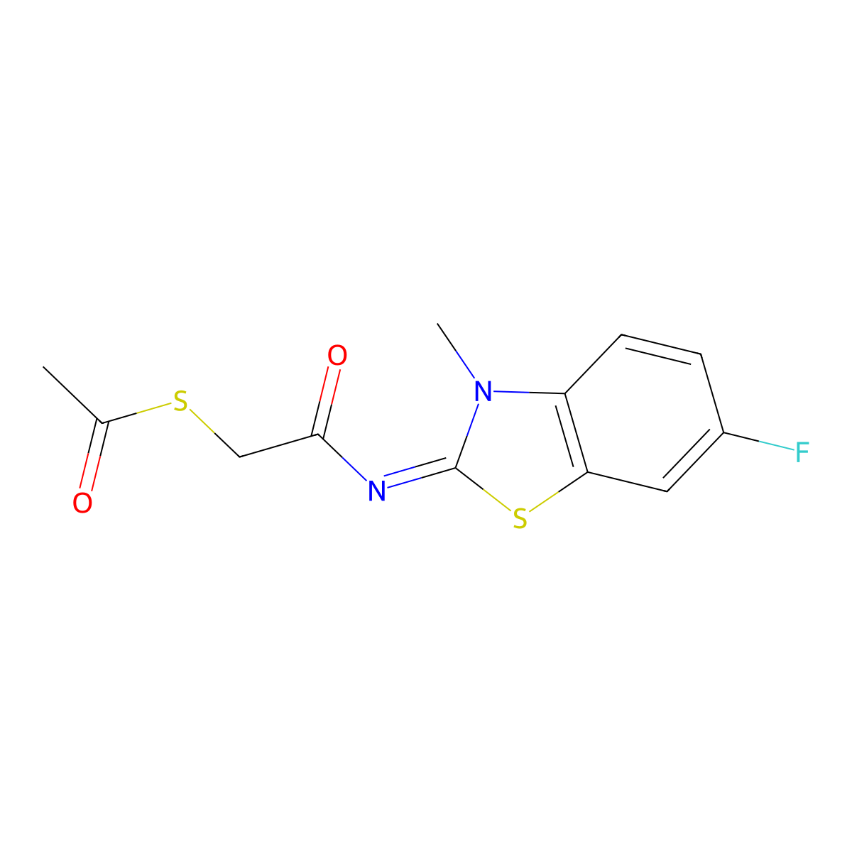 S-[2-[(6-fluoro-3-methyl-1,3-benzothiazol-2-ylidene)amino]-2-oxoethyl] ethanethioate molecular structure, CAS 1164531-05-8