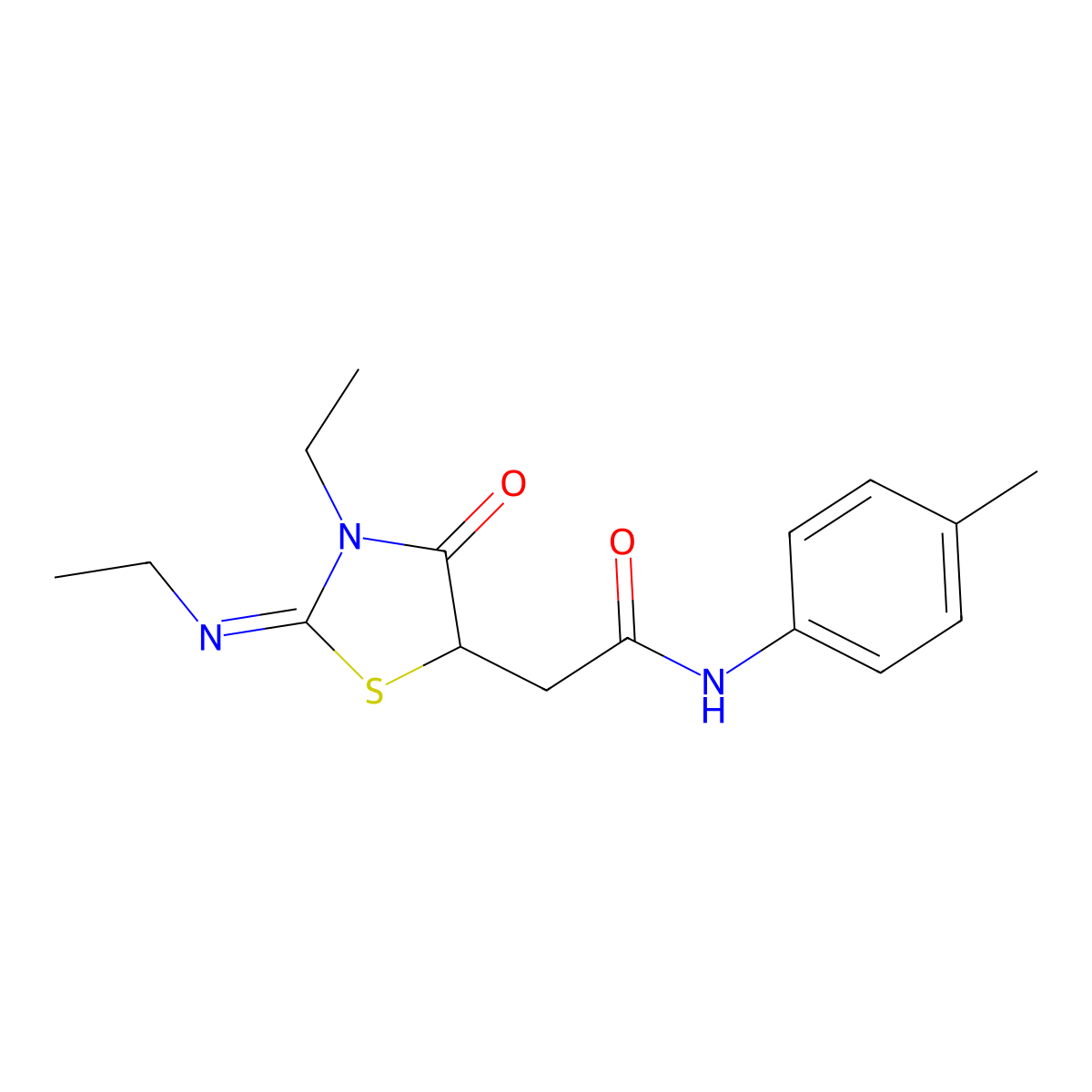2-[(2Z)-3-ethyl-2-(ethylimino)-4-oxo-1,3-thiazolidin-5-yl]-N-(4-methylphenyl)acetamide molecular structure, CAS 1164532-57-3