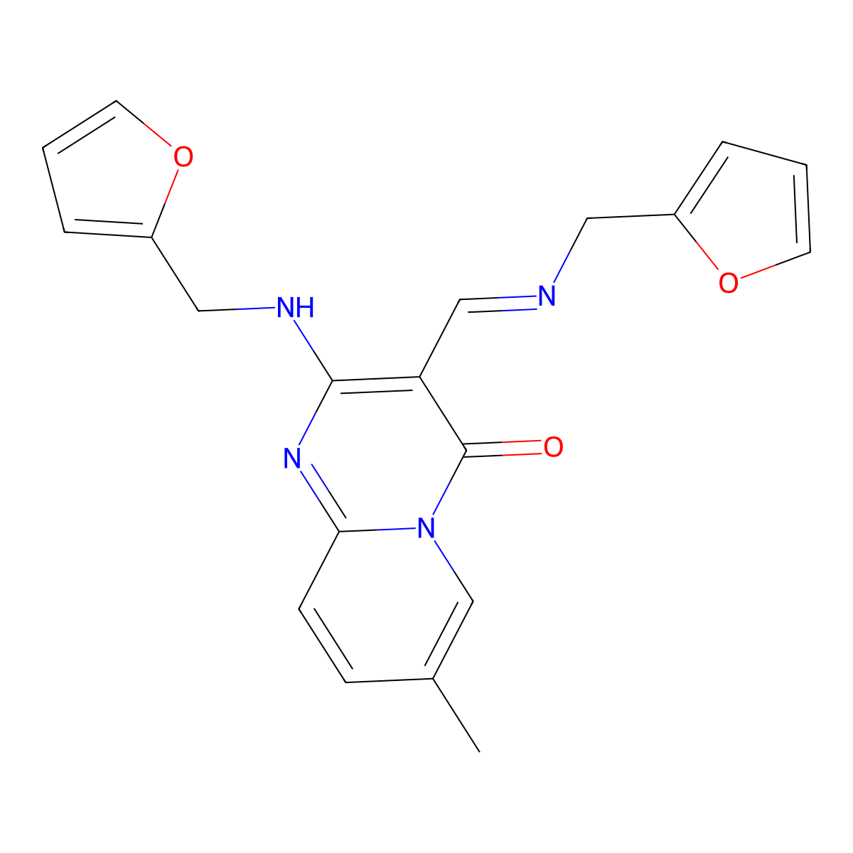 2-[(2-furylmethyl)amino]-3-{[(2-furylmethyl)imino]methyl}-7-methyl-4H-pyrido[1,2-a]pyrimidin-4-one molecular structure, CAS 1164533-94-1