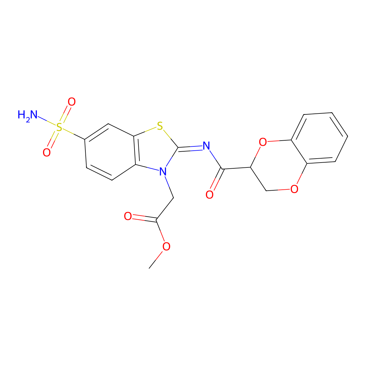 (Z)-methyl 2-(2-((2,3-dihydrobenzo[b][1,4]dioxine-2-carbonyl)imino)-6-sulfamoylbenzo[d]thiazol-3(2H)-yl)acetate molecular structure, CAS 1164537-99-8
