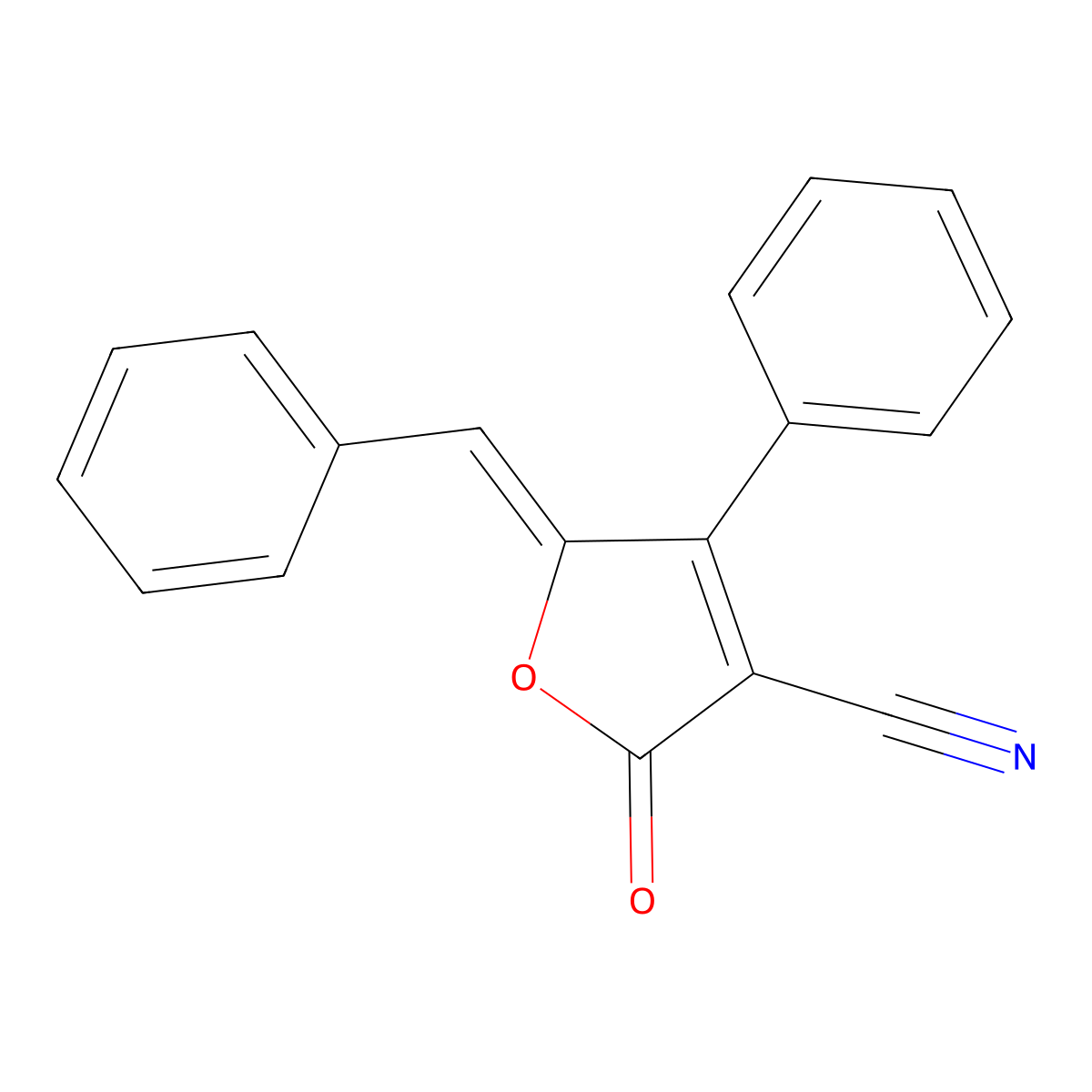 2-Oxo-4-phenyl-5-(phenylmethylene)-2,5-dihydro-3-furancarbonitrile molecular structure, CAS 1164538-70-8