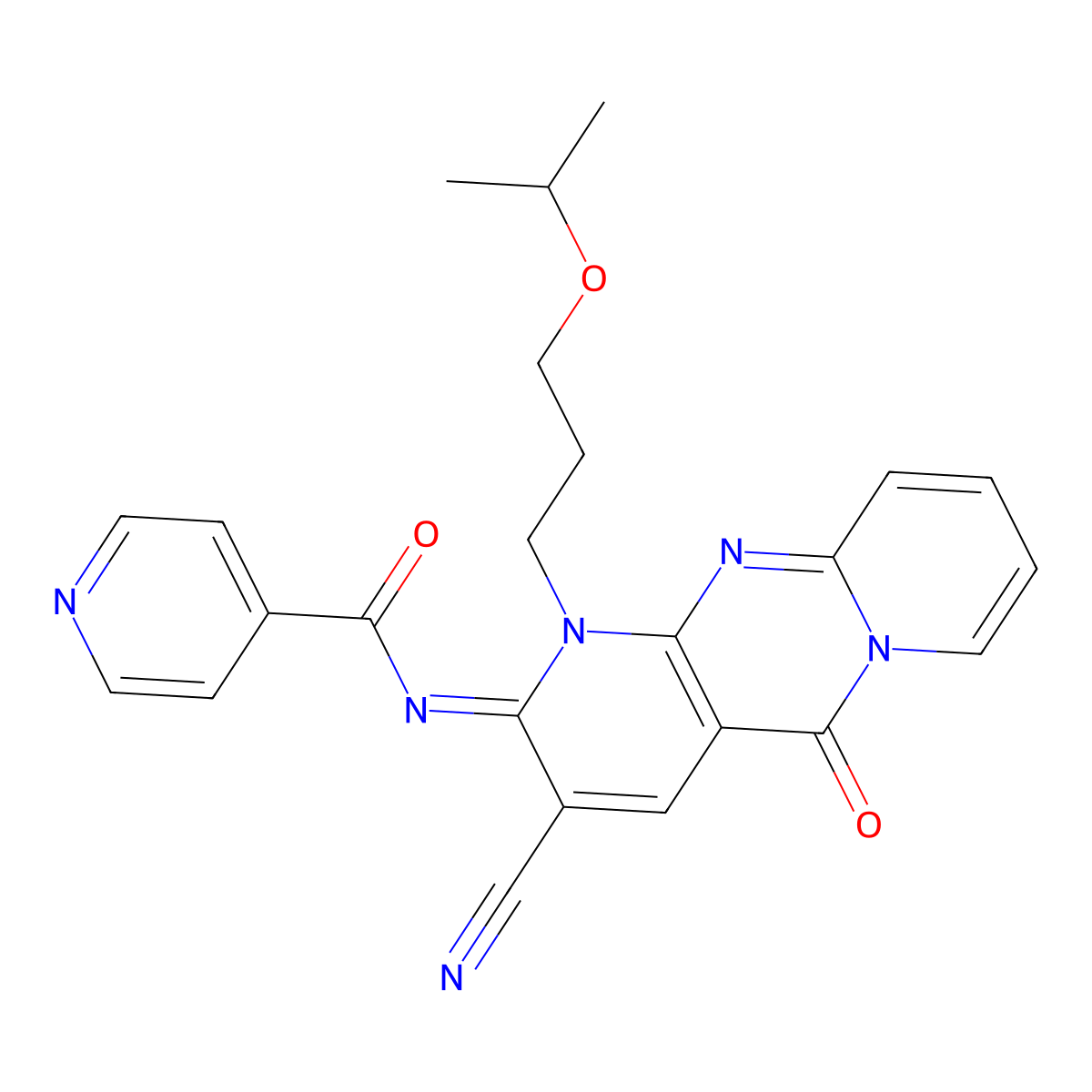 (E)-N-(3-cyano-1-(3-isopropoxypropyl)-5-oxo-1H-dipyrido[1,2-a:2',3'-d]pyrimidin-2(5H)-ylidene)isonicotinamide molecular structure, CAS 1164542-04-4