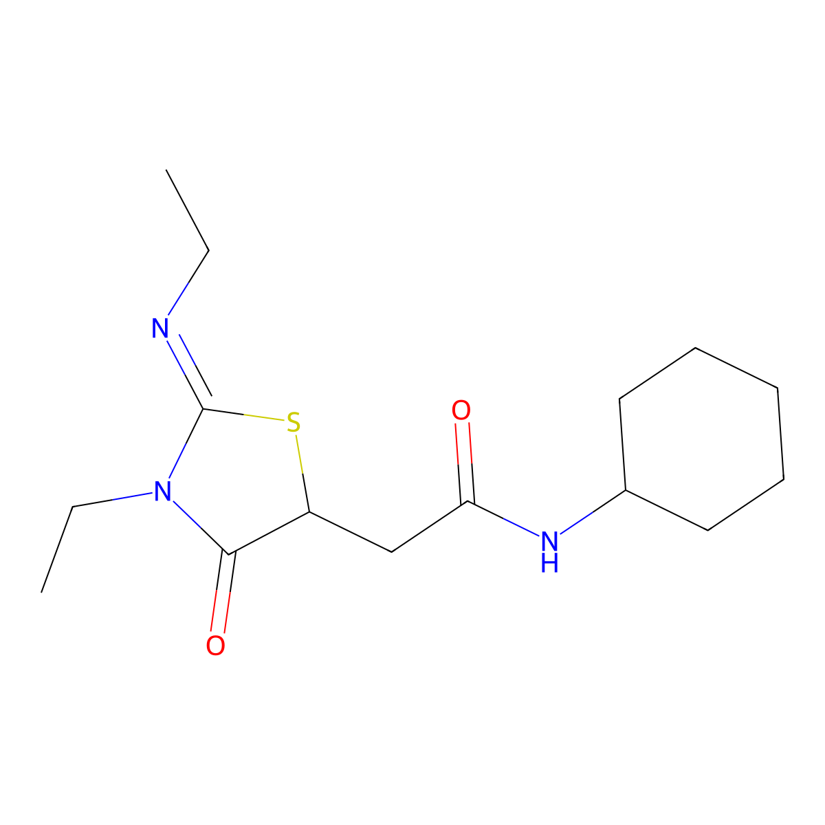 (E)-N-cyclohexyl-2-(3-ethyl-2-(ethylimino)-4-oxothiazolidin-5-yl)acetamide molecular structure, CAS 1164546-23-9