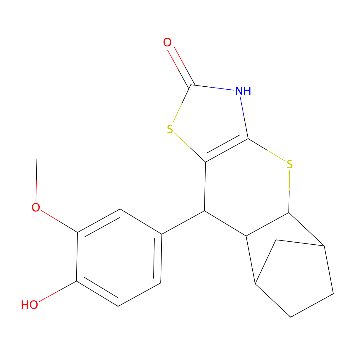 9-(4-hydroxy-3-methoxyphenyl)-3,4a,5,6,7,8,8a,9-octahydro-2H-5,8-methanothiochromeno[2,3-d]thiazol-2-one molecular structure, CAS 1164547-24-3