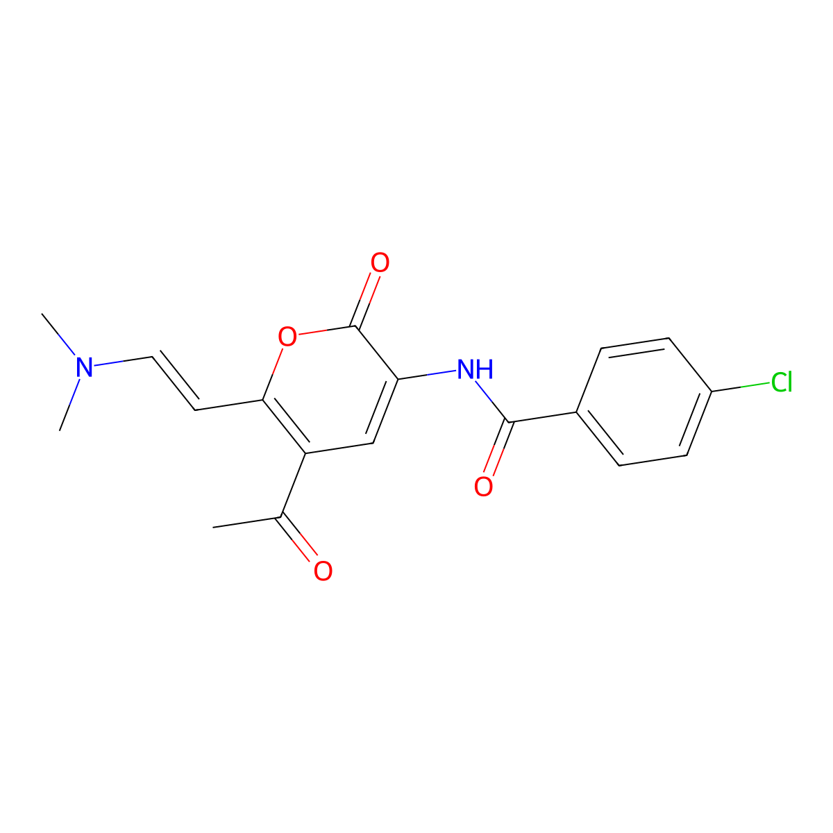 N-{5-acetyl-6-[2-(dimethylamino)vinyl]-2-oxo-2H-pyran-3-yl}-4-chlorobenzenecarboxamide molecular structure, CAS 1164548-51-9