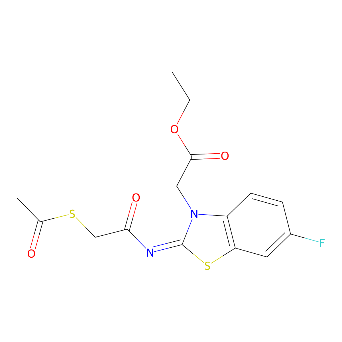 (Z)-ethyl 2-(2-((2-(acetylthio)acetyl)imino)-6-fluorobenzo[d]thiazol-3(2H)-yl)acetate molecular structure, CAS 1164549-66-9